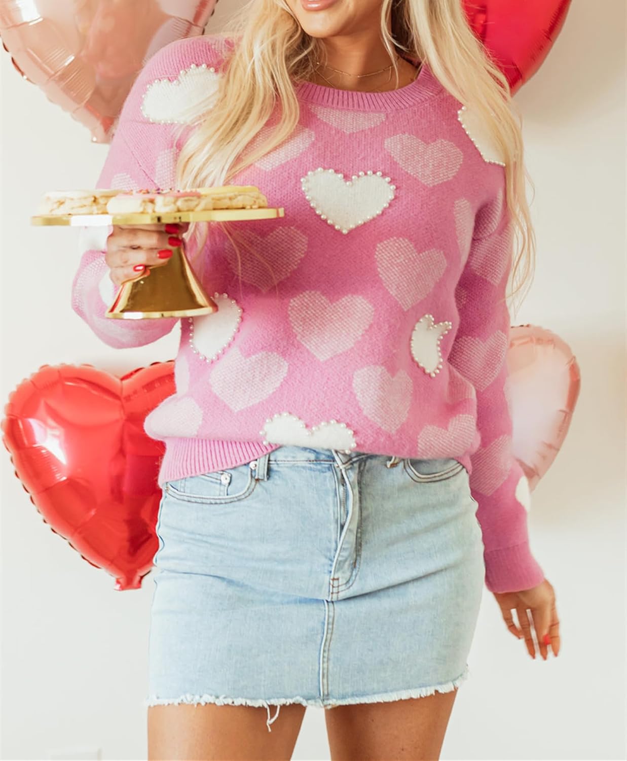 Heart Sweater for Women Valentines Cute Print Crewneck Long Sleeve Oversized Love Sweaters Knit Pullover Tops - Image 3