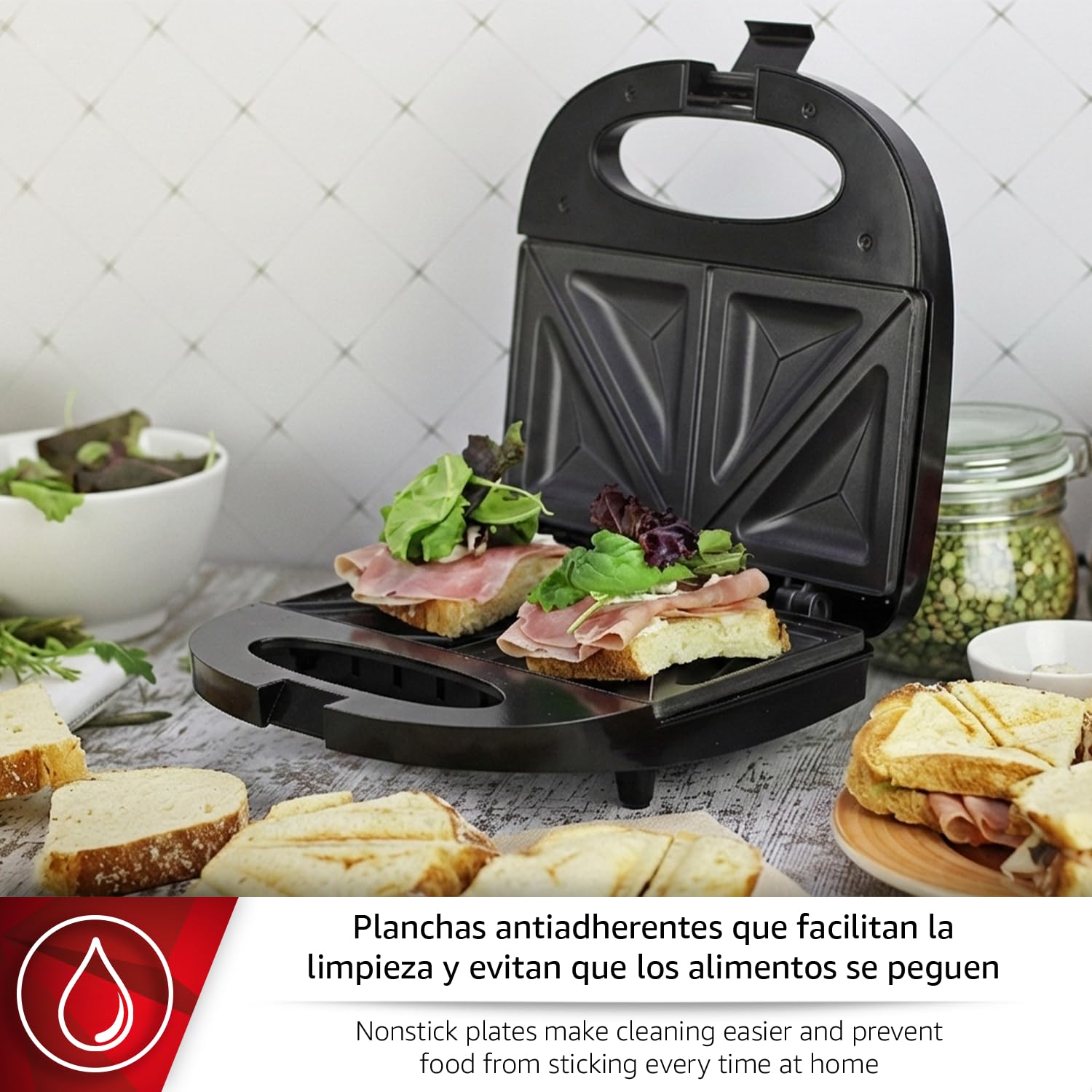 Magefesa Suisse Black - Sanwichera Negra, Capacidad para 2 Sandwiches, Asa Fría al Tacto, Placas Grill Antiadherentes, Sin BPA, Sellado Perfecto