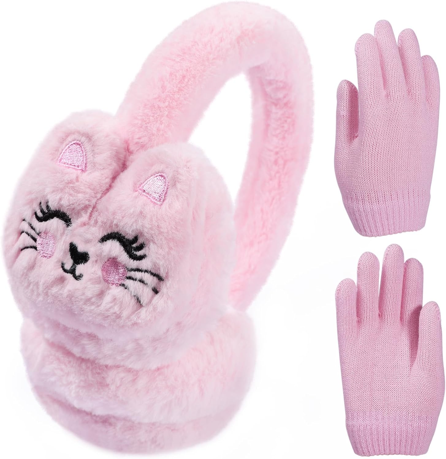 Kids Cat Dog Earmuffs and Gloves Set Plush Animal Ear Muffs for Boys Girls Winter Ear Warmer Cover 7-14 Years