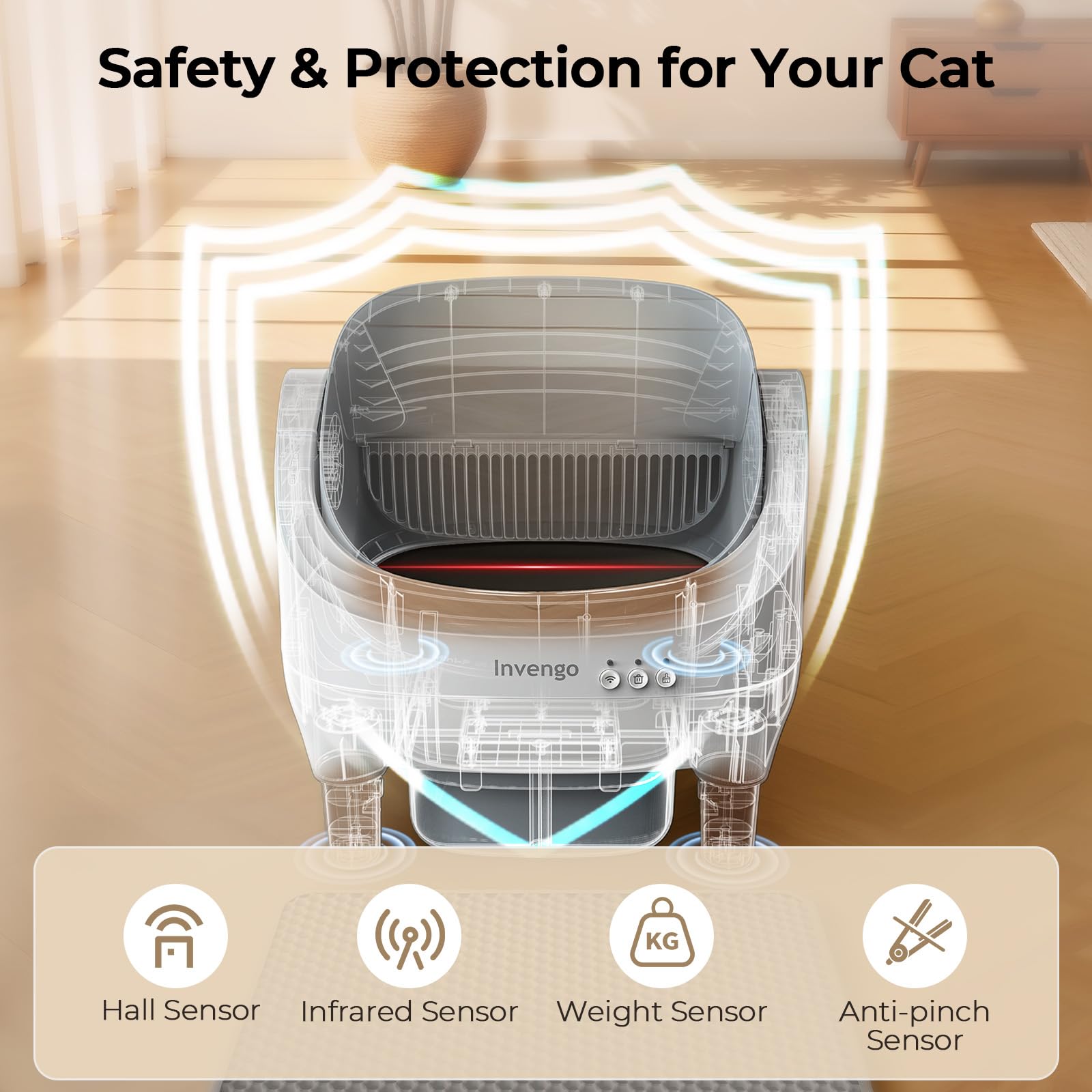Invengo Automatic Cat Litter Box Self Cleaning, App Control, Open-Top Automatic Litter Box with Safety Sensors, Ultra-Quiet, 10.5L Waste Bin with Odor Control, 2 Rolls of Garbage Bags, LightGrey - image 7