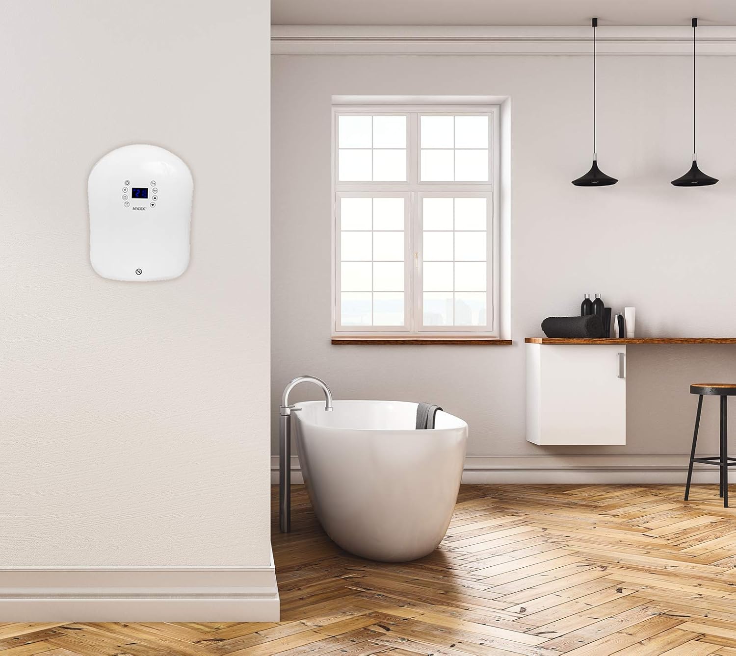 MYLEK Electric Fan Heater MY1400TE mounted in a modern bathroom