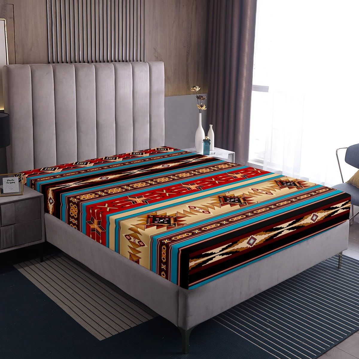 Aztekische Bettwäsche Sets Ethnische Tribal Pfeil Spannbettlaken,Vintage Southwestern Native Bohemian Bettwäsche 90x200x30,Western Star Bettwäsche Exotische Geometrische Diamantstreifen Zimmer Dekor