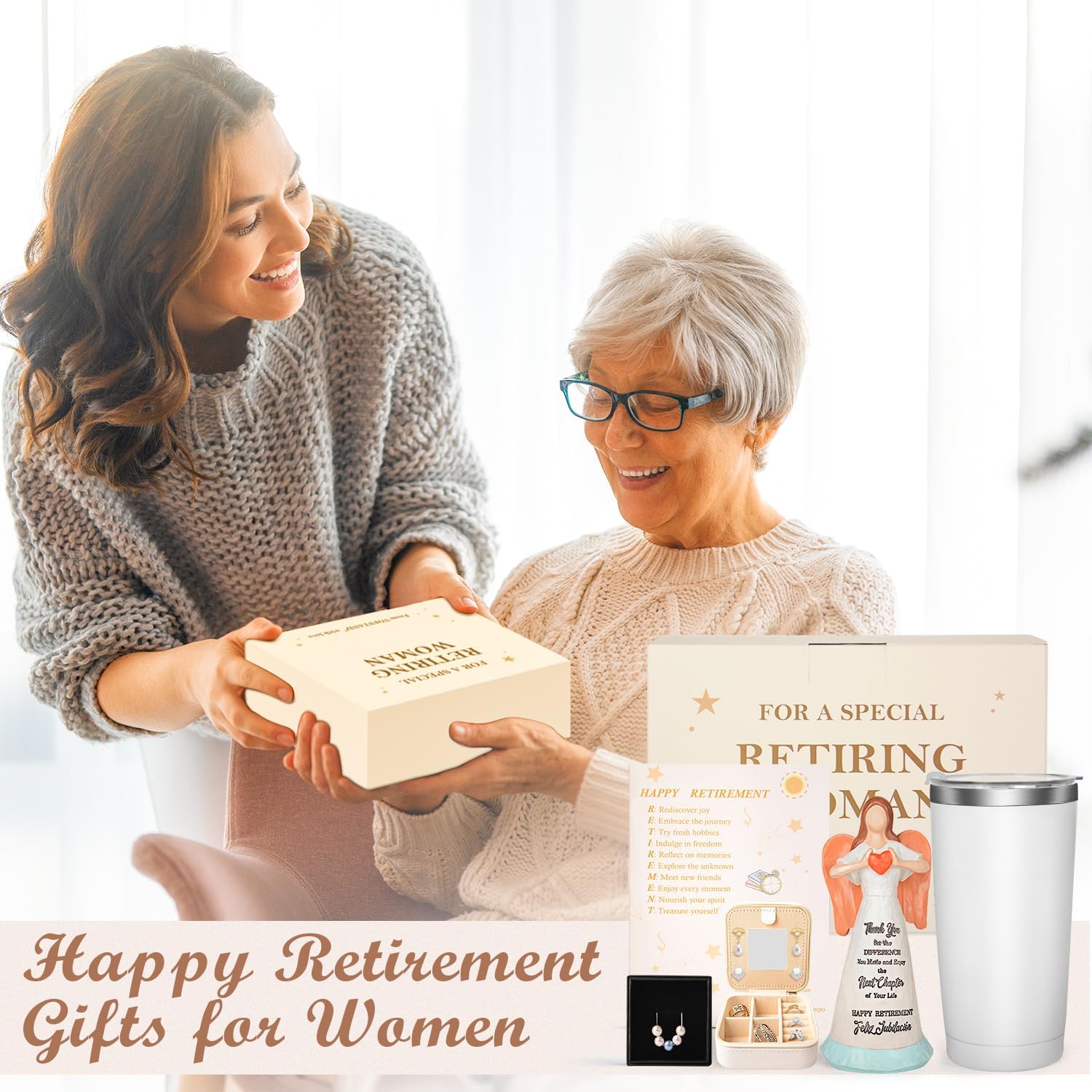 Happy Retirement Gifts 2025 - Retirement Gift for Woman Coworker Teacher Nurses Boss Mom Grandma Sister Retirees Women Party Decorations with Angel Figurine 20oz Tumbler