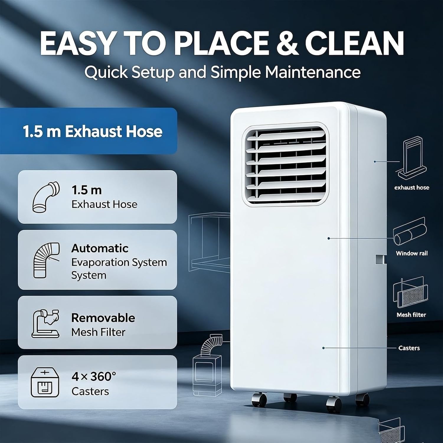 Aire Acondicionado Portátil Sin Unidad Exterior 12000 BTU Enfriador Potente con Ruedas y Mando a Distancia Equipo de Climatización Desmontable Bajo Ruido para O, 12000btu
