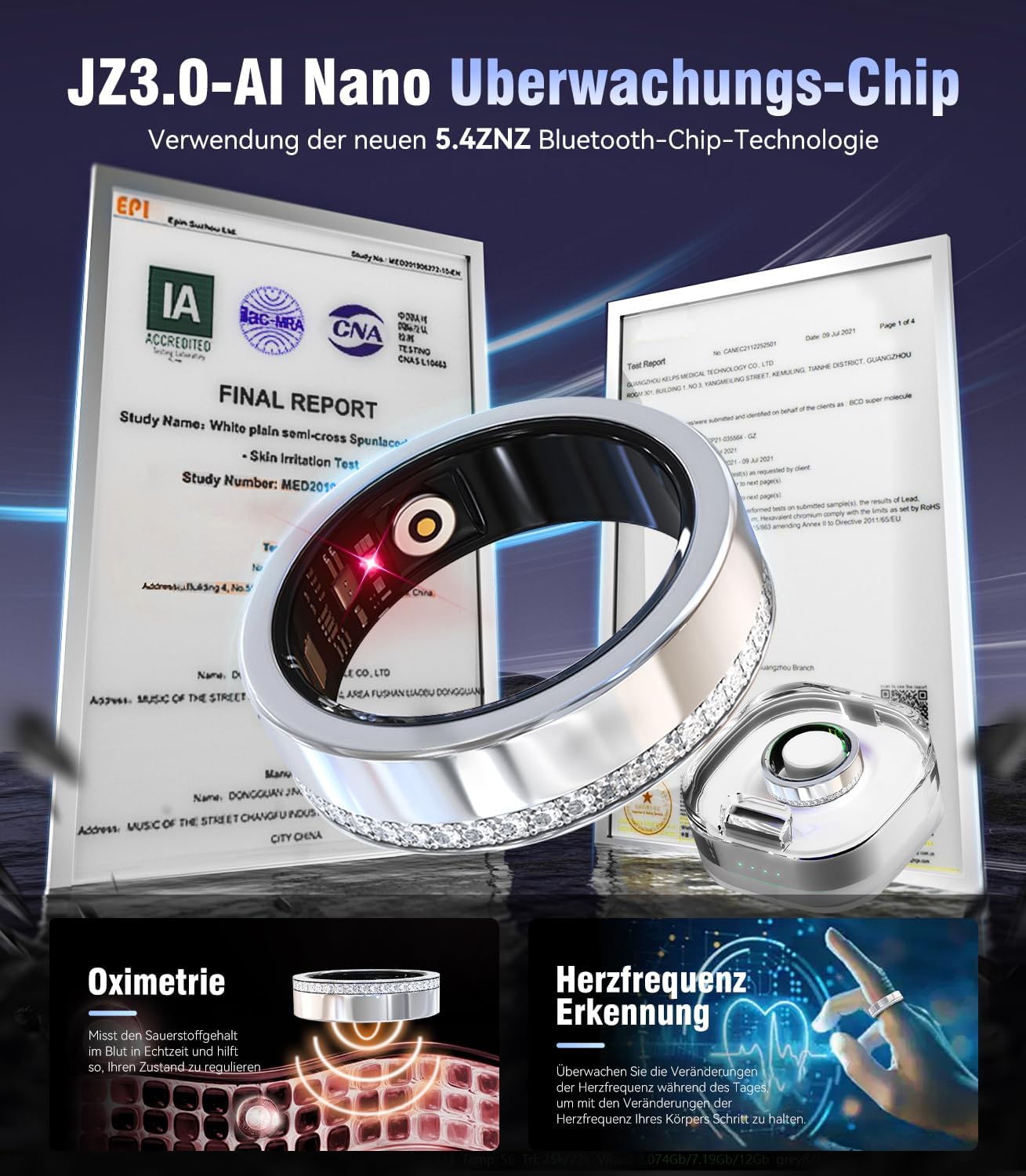 Smart Ring, 2,5 g, ultraleggero, 11 volte più leggero dello smartwatch, nanomitoring JZ 5.1-Al – 0,1% ± errore, monitoraggio della salute 24 ore, senza ABO, batteria 5-10 giorni, Smart Ring
