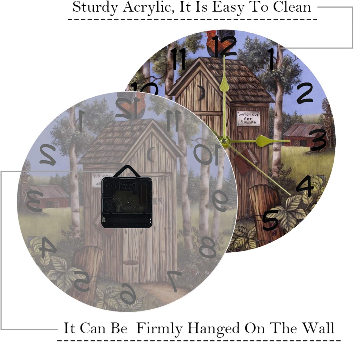 LORVIES Outhouse Rooster Stood on The House Silent Non Ticking Acrylic Decorative 10 Inch Round Clock for Home Office School