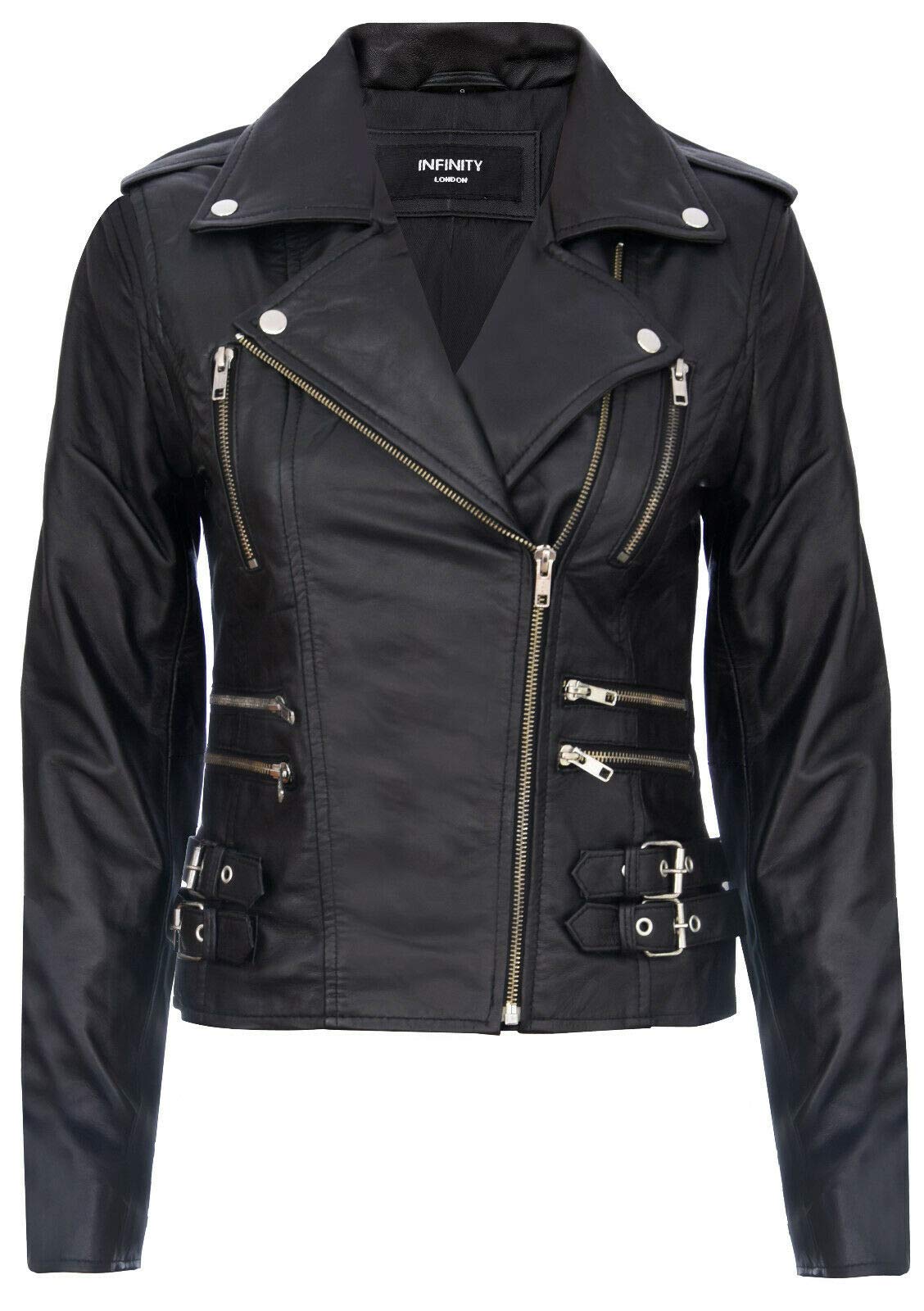 Infinity Leather Women's Black Retro 100% Nappa Leather Biker Jacket L