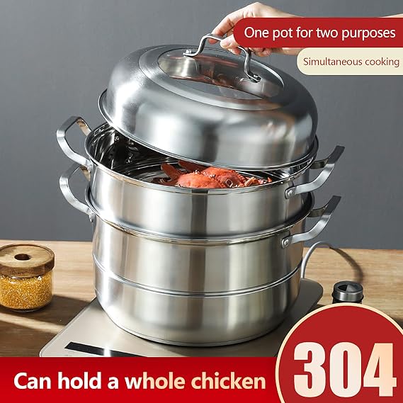 Steam Canner, Food Steamer Pot, 304 Stainless Steel Steamer Stackable Steam Cooker 32cm Steamer Stainless Steel 5-Layer Large Capacity Cookware with Flexible Lid