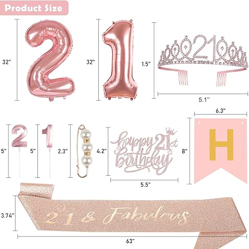 Miniatura 2 de Decoraciones de regalos de cumpleaños 21 para ella, incluyendo corona de cumpleaños número 21, pancarta de feliz cumpleaños, banda de reina con pin
