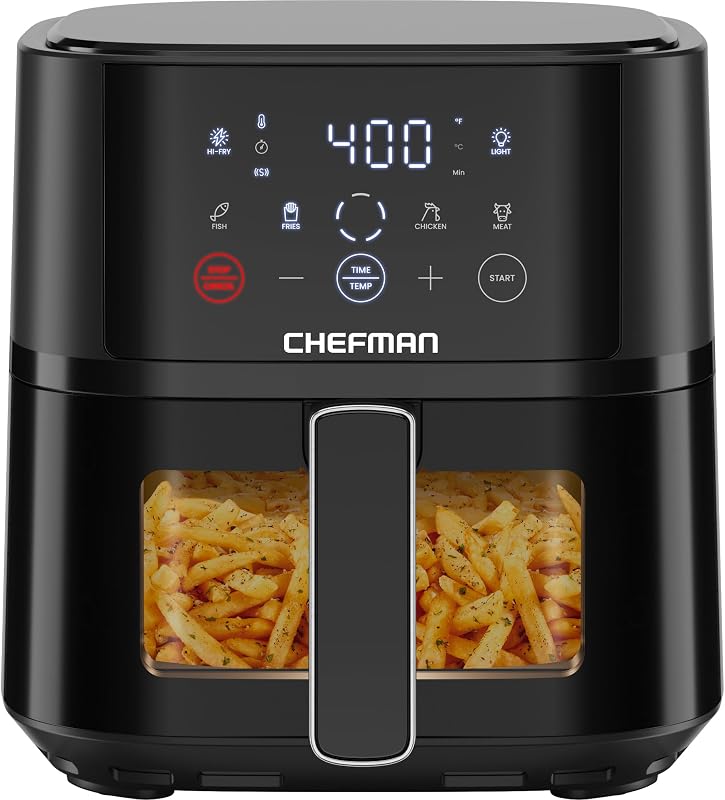 Freidora de aire Chefman – Freidora de aire compacta de 4 cuartos para comidas rápidas y fáciles, cuenta con tecnología Hi-Fry para una ventana extra crujiente y fácil de ver, controles táctiles con 4 preajustes, cesta antiadherente y apta para lavavajillas, color negro