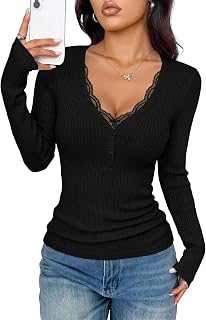 PRETTYGARDEN Women's Lace Trim Ribbed Knit Henley Long Sleeve Shirts | Lightweight Button Up V Neck Pullover Tops, Dressy Casual Slim Fit Ladies Blouses, 2026 Early Fall Fashion Y2k Outfits