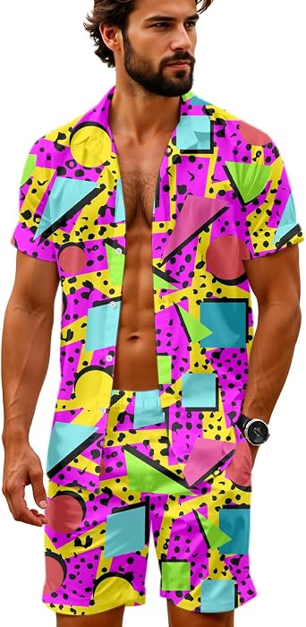 Artsadd 80s 90s Outfit for Men Hawaiian Shirt and Shorts Set Beach Party Outfits