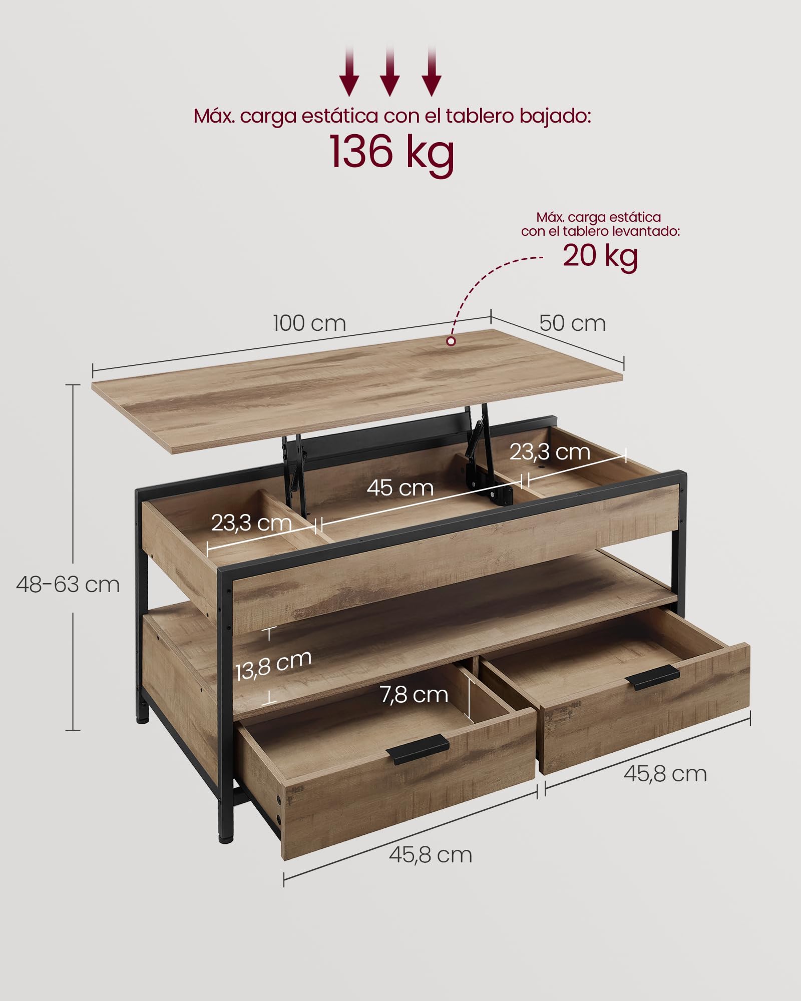 VASAGLE Mesa de Centro Elevable, Mesa de Salón, con Cajones de Almacenamiento, Compartimentos Ocultos y Estante Abierto, 50 x 100 cm, Marrón Camello y Negro Tinta LCT209K02