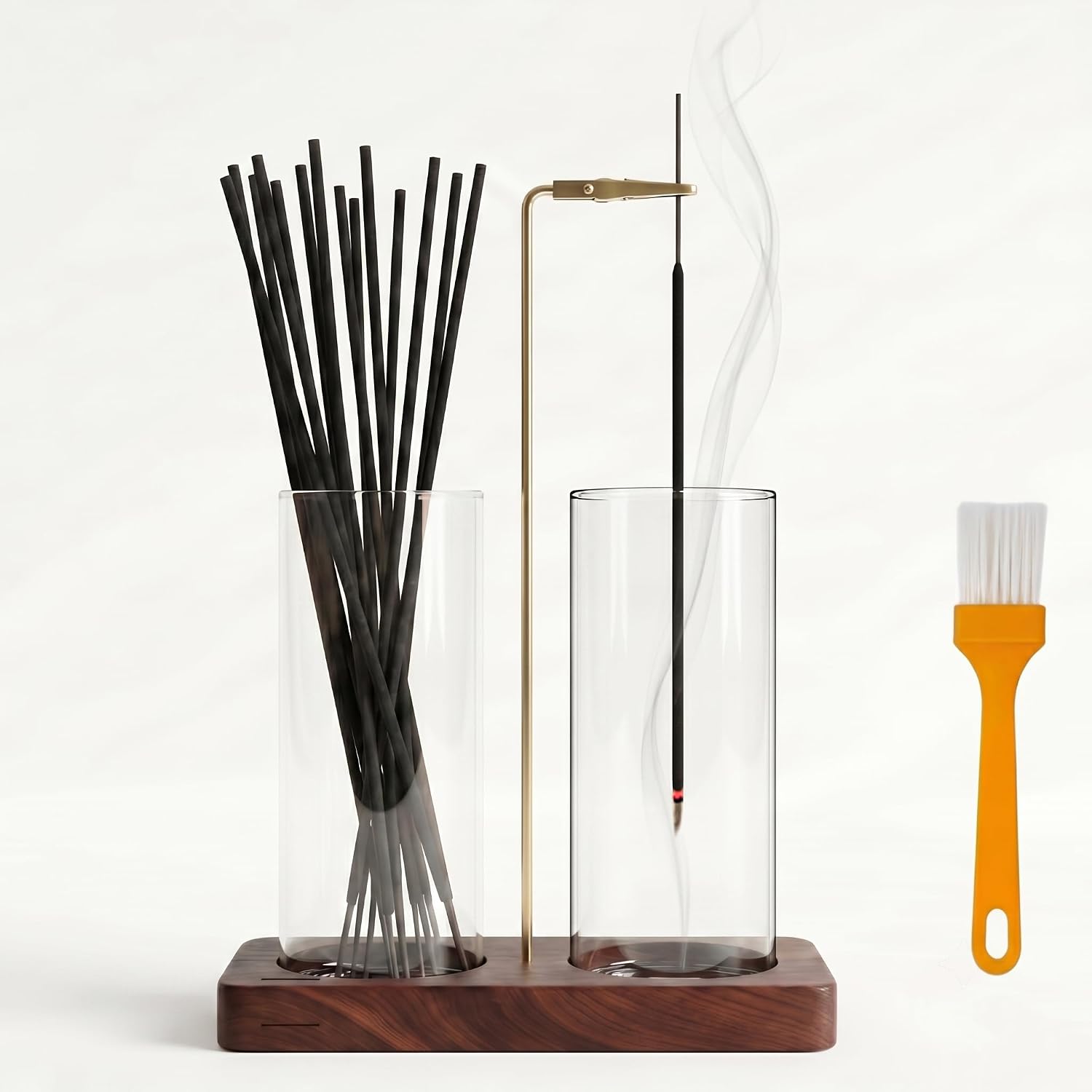 2 in 1 Mess-Free Hanging Incense Holder for Sticks, Anti-Ash Glass Incense Burner with Wooden Tray, Vertical Brass Stand Catcher, Aesthetic Zen Room Decor for Aromatherapy and Meditation