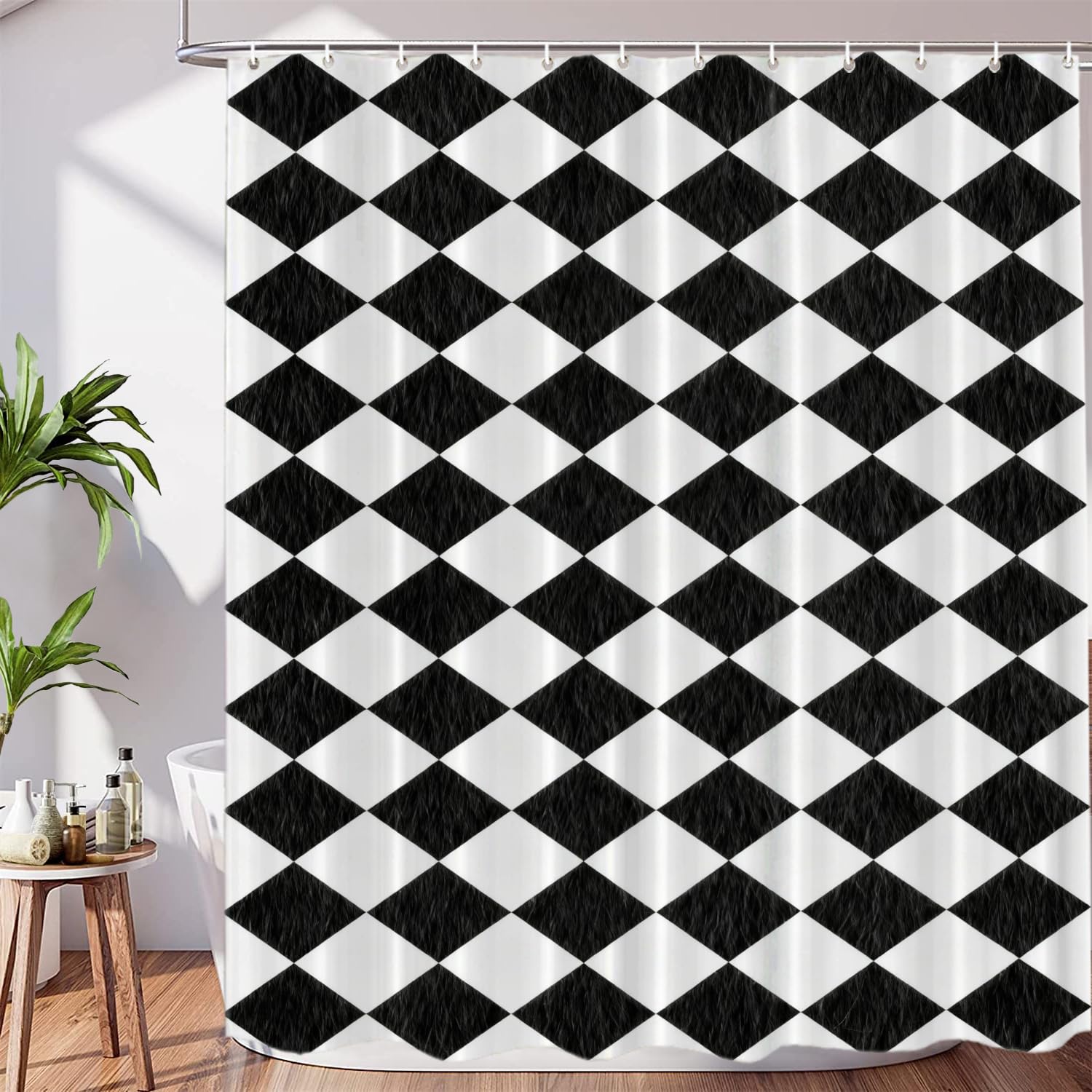 Rideau de douche arlequin noir et blanc en polyester imperméable 183x183 cm avec crochets