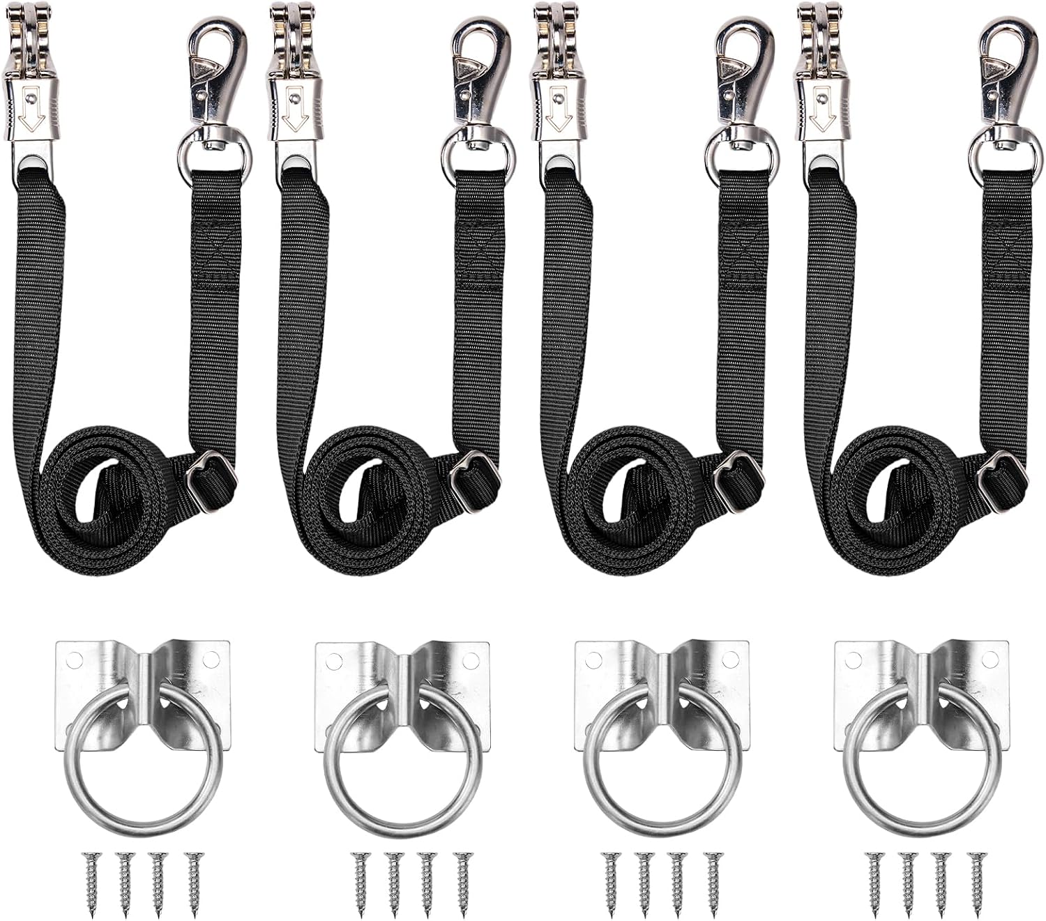 Cross Ties for Horse, 4 Pack Adjustable Nylon Cross Ties with Tie Rings | with Panic Snap and Bull Snap | Adjustable Length from 44.5-78.5 Inch | Including16pcs Mounting Screws | Black