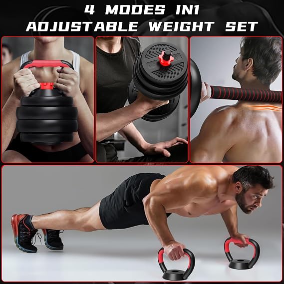 Adjustable Dumbbell Set | 85Lbs Free Weights Dumbbells Set | 4-in-1 Dumbbell, Barbell, Kettlebell, Push-up | Home Fitness Workout Equipment for Men Women