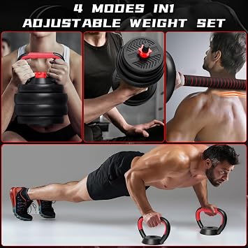 Adjustable Dumbbell Set | 85Lbs Free Weights Dumbbells Set | 4-in-1 Dumbbell, Barbell, Kettlebell, Push-up | Home Fitness Workout Equipment for Men Women