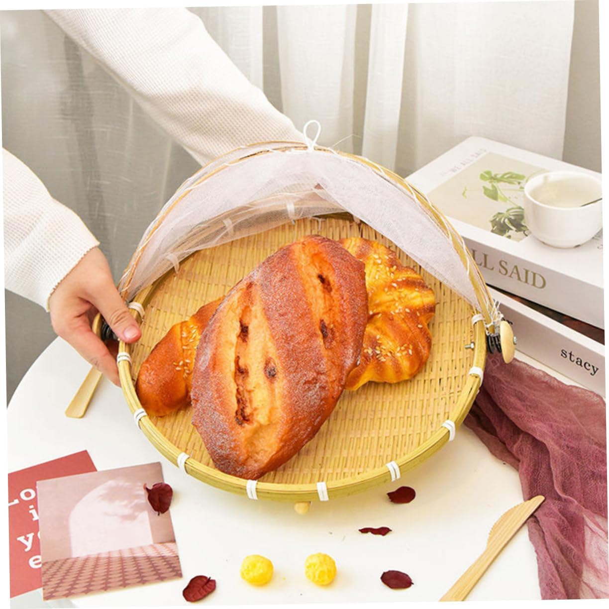 Tent Food Serving Cover Mesh Bamboo Basket with Picnic