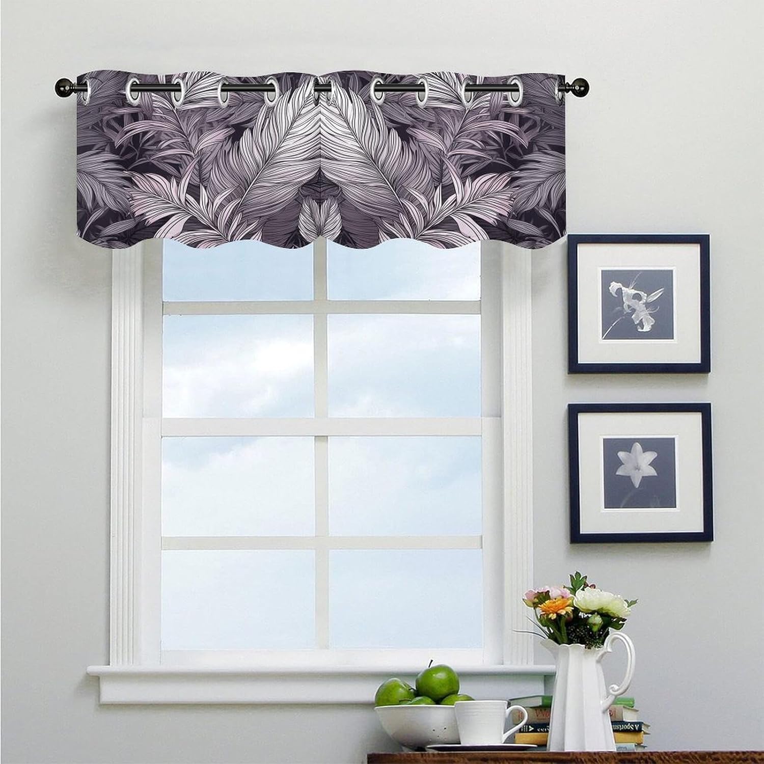 Purple Palm Leaves 2 Pack Valance Curtains Window Treatments. Adjustable Curtain with Rod Pocket.Cafe Curtains is Half Curtains for Privacy Decorative 52x18.1 Inch.