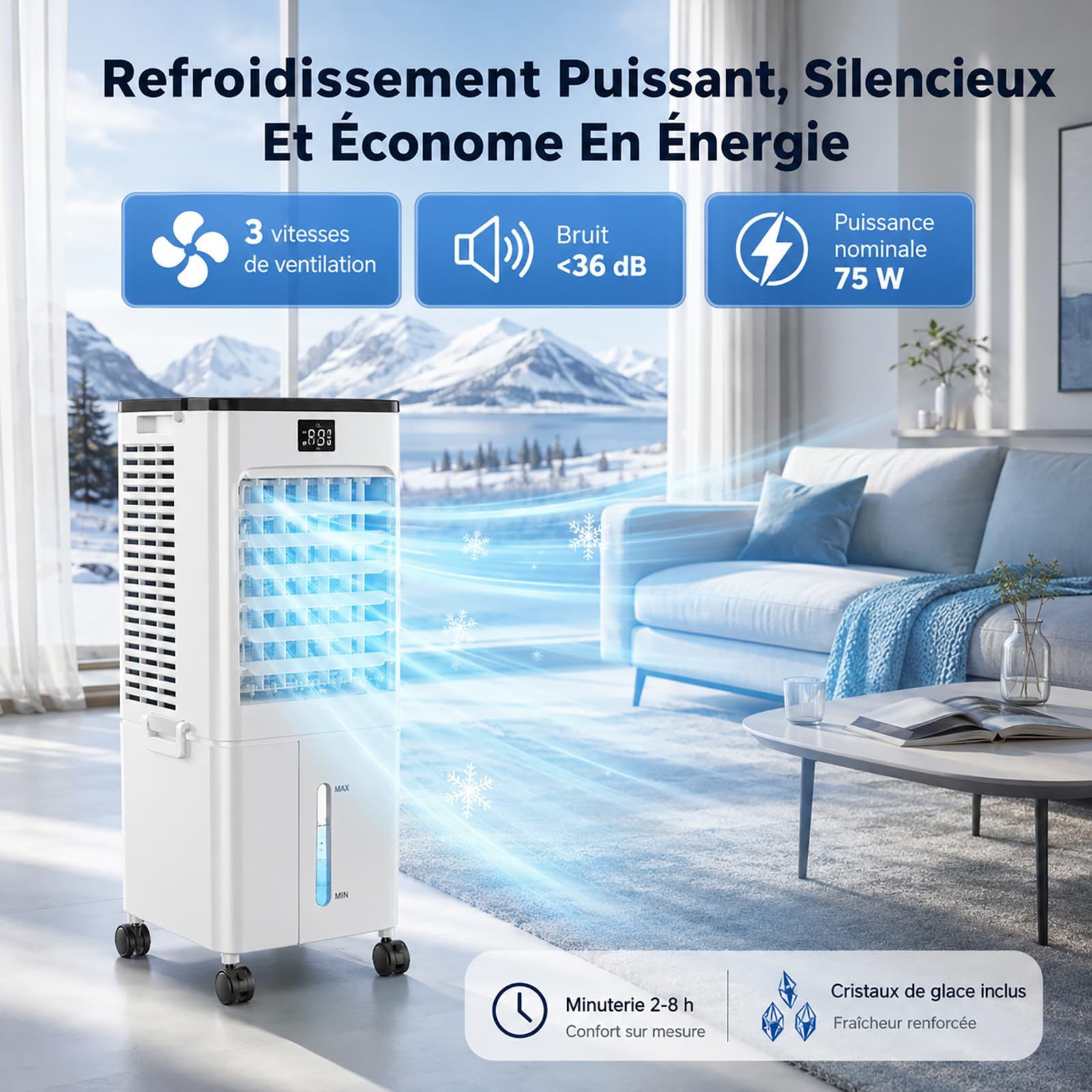 Mobilne klimatyzatory, przenośny klimatyzator z pilotem i wyświetlaczem dotykowym, 4 wolne opakowania lodu, zbiornik na wodę 12 l, szeroki kąt oscylacji 90°, timer 2-8H, 3 tryby przepływu powietrza do