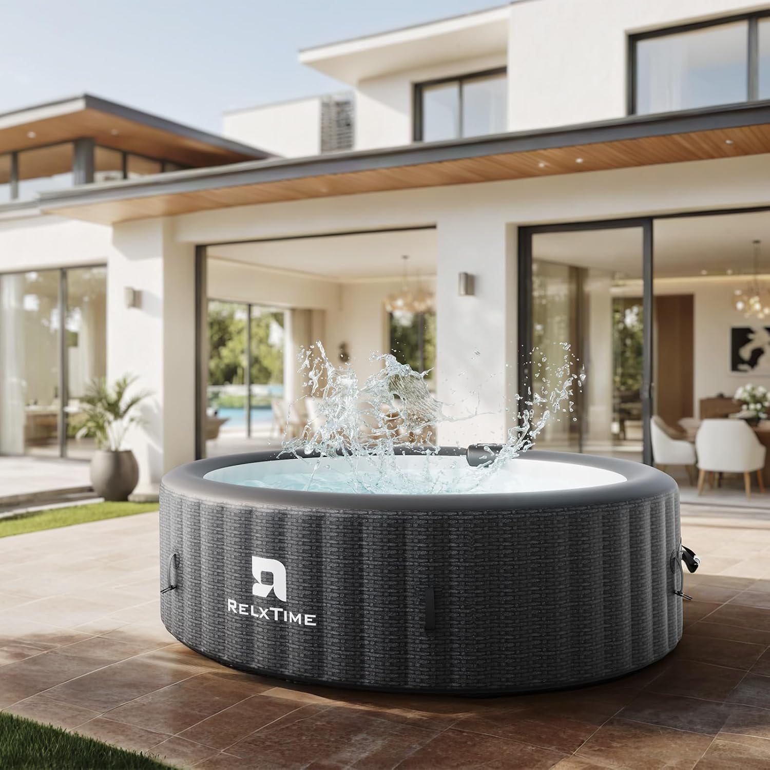 Inflatable Hot Tub 4-6 Person, Portable Blow Up Hottub with Cover, 130 Air Jets, Built in Heater Pump, Outdoor Spa, Cup Holder, 2 Filters, Black