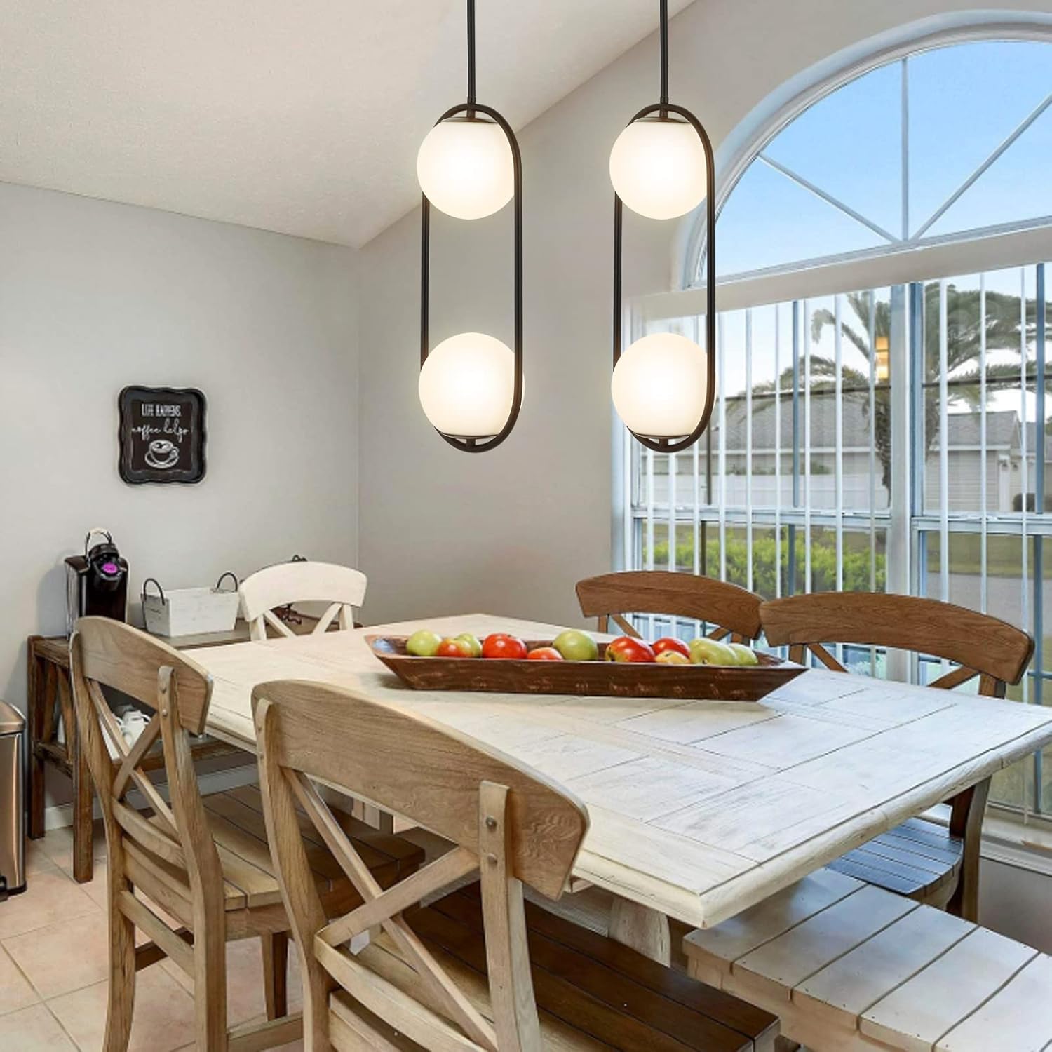 2-Lights Modern Globe Chandelier Mid Century Pendant Light Matte Black Ceiling Hanging Lighting Fixture with White Globe Glass Lampshade for Kitchen Island Dining Room Bedroom