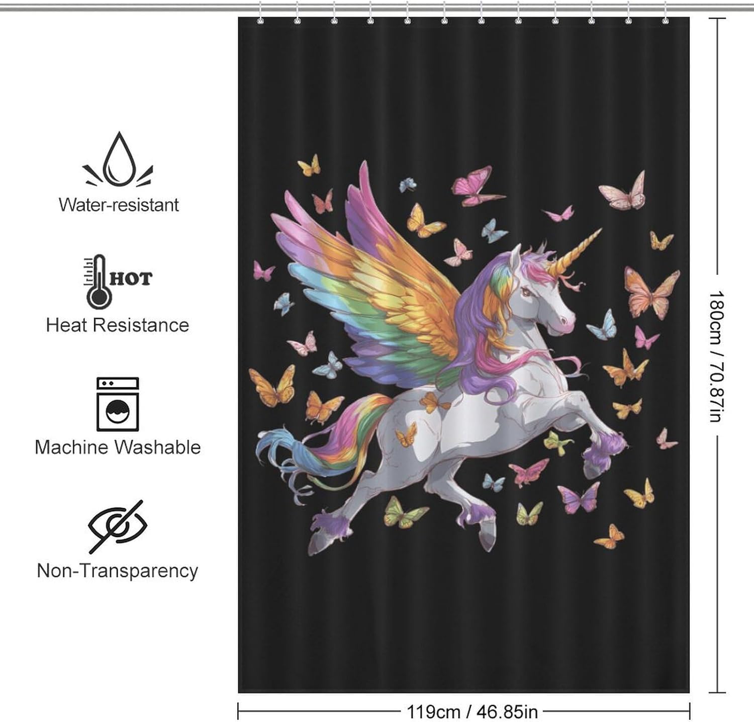 Colorful Un-icorns Butterflies Shower Curtain 46.85x70.87Inch（119x180cm） Polyester Bath Curtain Shower Curtains Printed Decorative