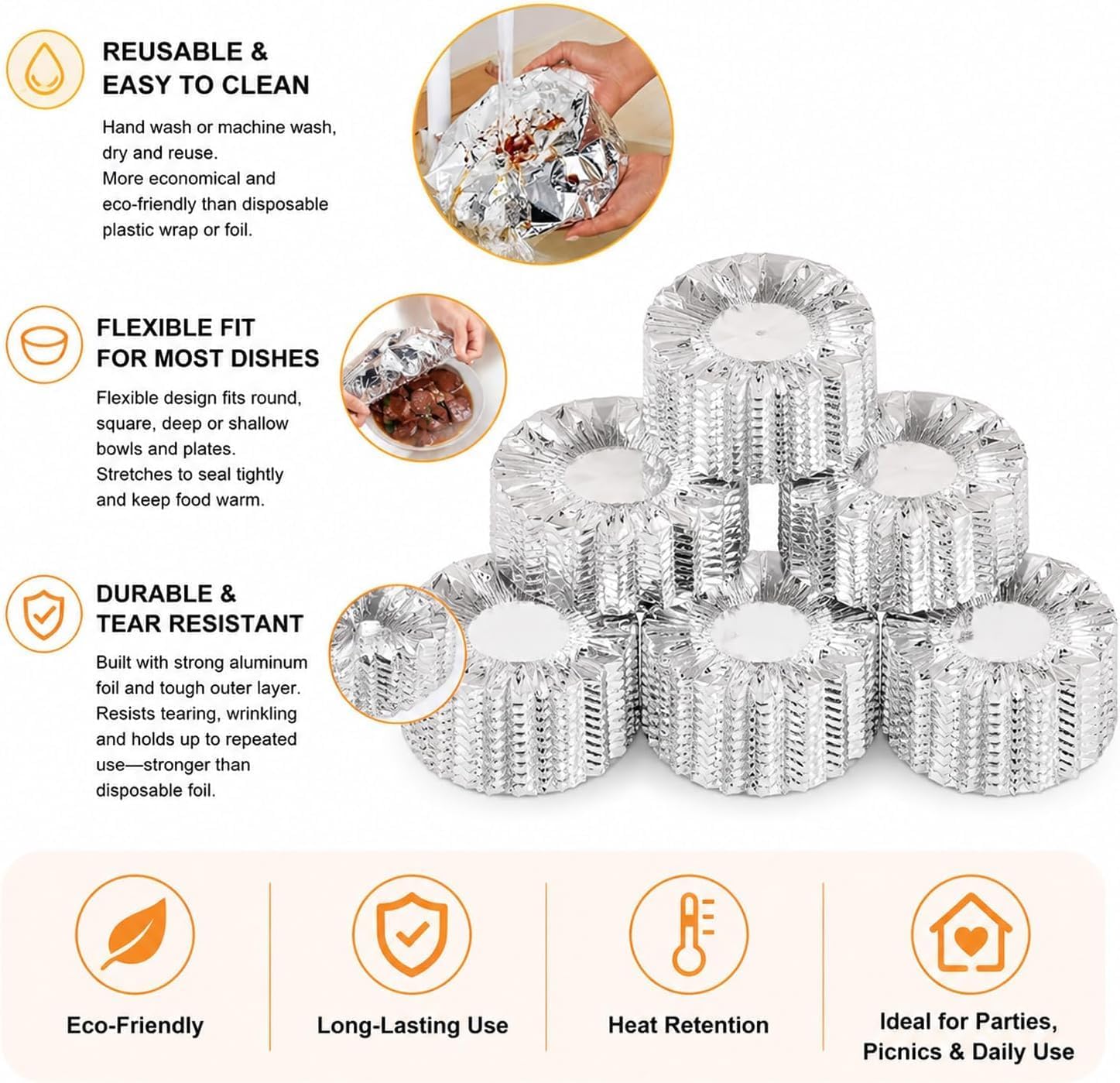 Aluminum Foil Elastic Food Cover, New Reusable Fresh Keeping Food Cover for Kitchen, Parties & Picnics, Heat Retaining Food Storage Covers for Bowls, Plates, Pots & Containers (50PCS)