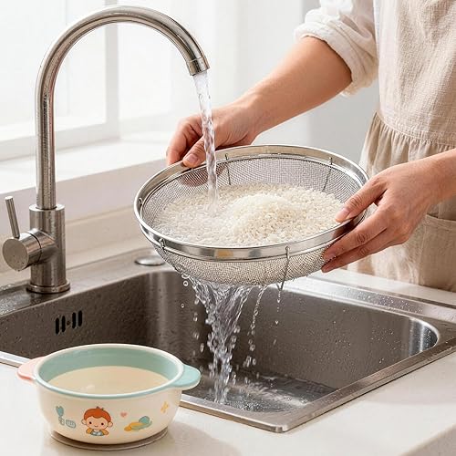 Miniatura 5 de Colador de malla fina para cocina, tazón de colador de acero inoxidable para pasta, arroz, fruta, cestas de malla metálica con base de reposo -