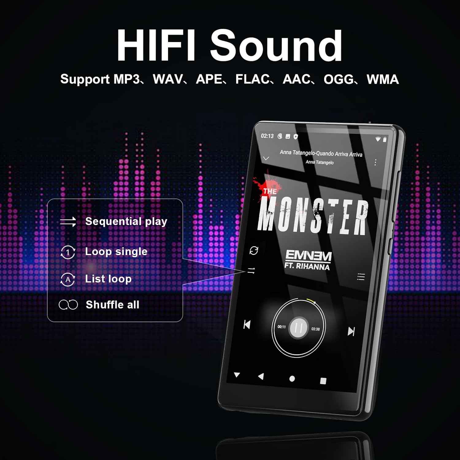 AHENOD G15 MP3 Player displaying music playback options and supported audio formats