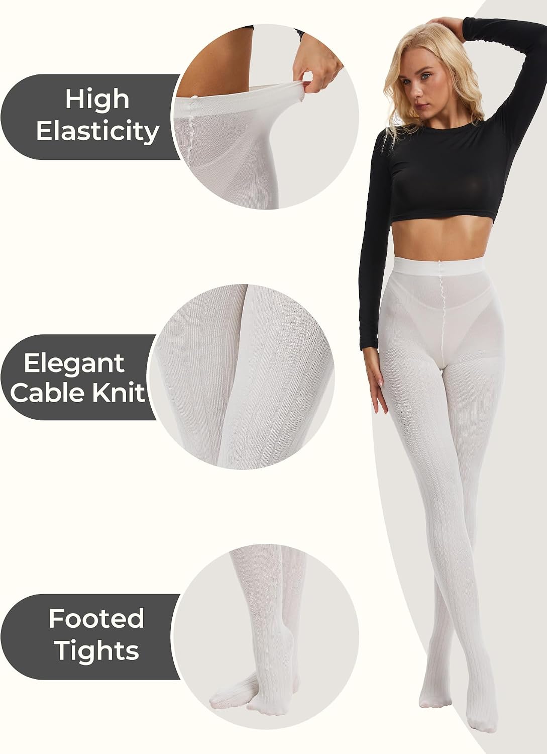 Women's Cable Knit Tights - Cozy Warm Opaque Fall Winter Sweater Tights, Black/Dark Gray/Warm White (S/M-L/XL)