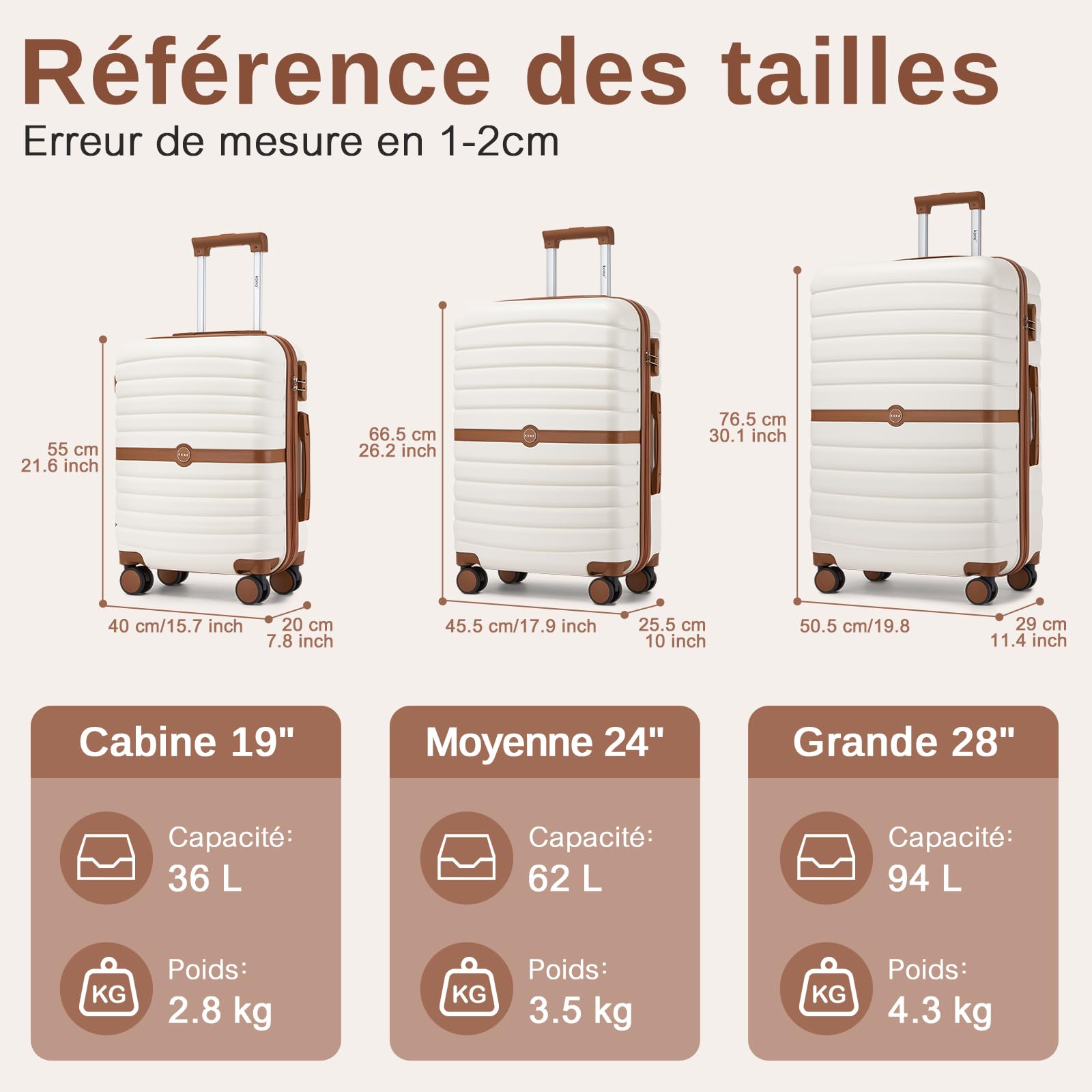 Kono Valise Rigide Valise Grande Taille Valise de Voyage ABS+PC avec 4 roulettes et Serrure 76.5x50.5x29 cm 94L Trolley de Voyage, Crème/Marron