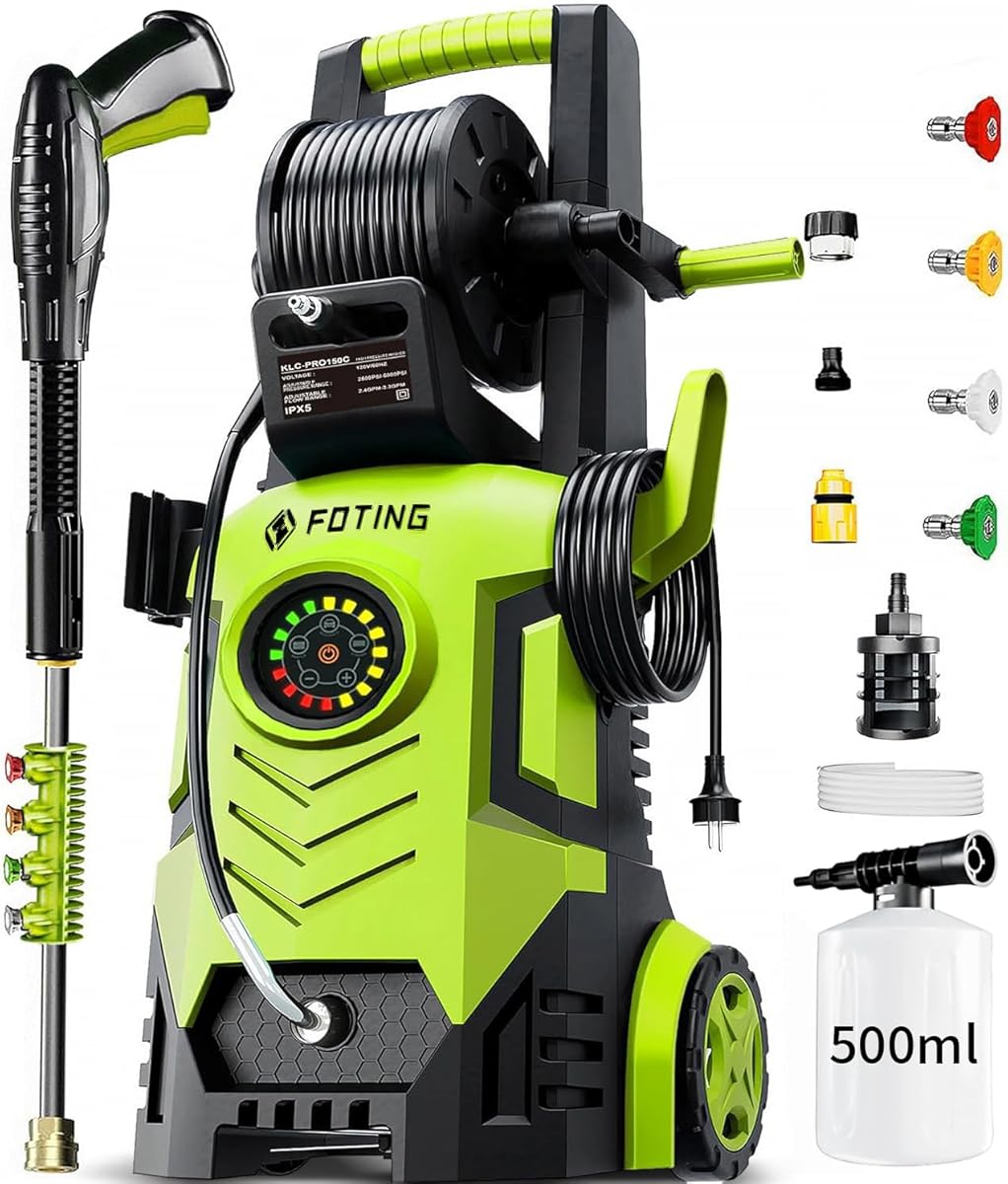 FOTING 5000 PSI Pressure Washer, Touch Screen Power Washer 3.3 GPM, 34" Tall, 4 Quick Connect Nozzle&500ml Foam Cannon&Inlet Hose&Filter, High Electric Pressure Washer for Cars/Fences/Patio/Driveways