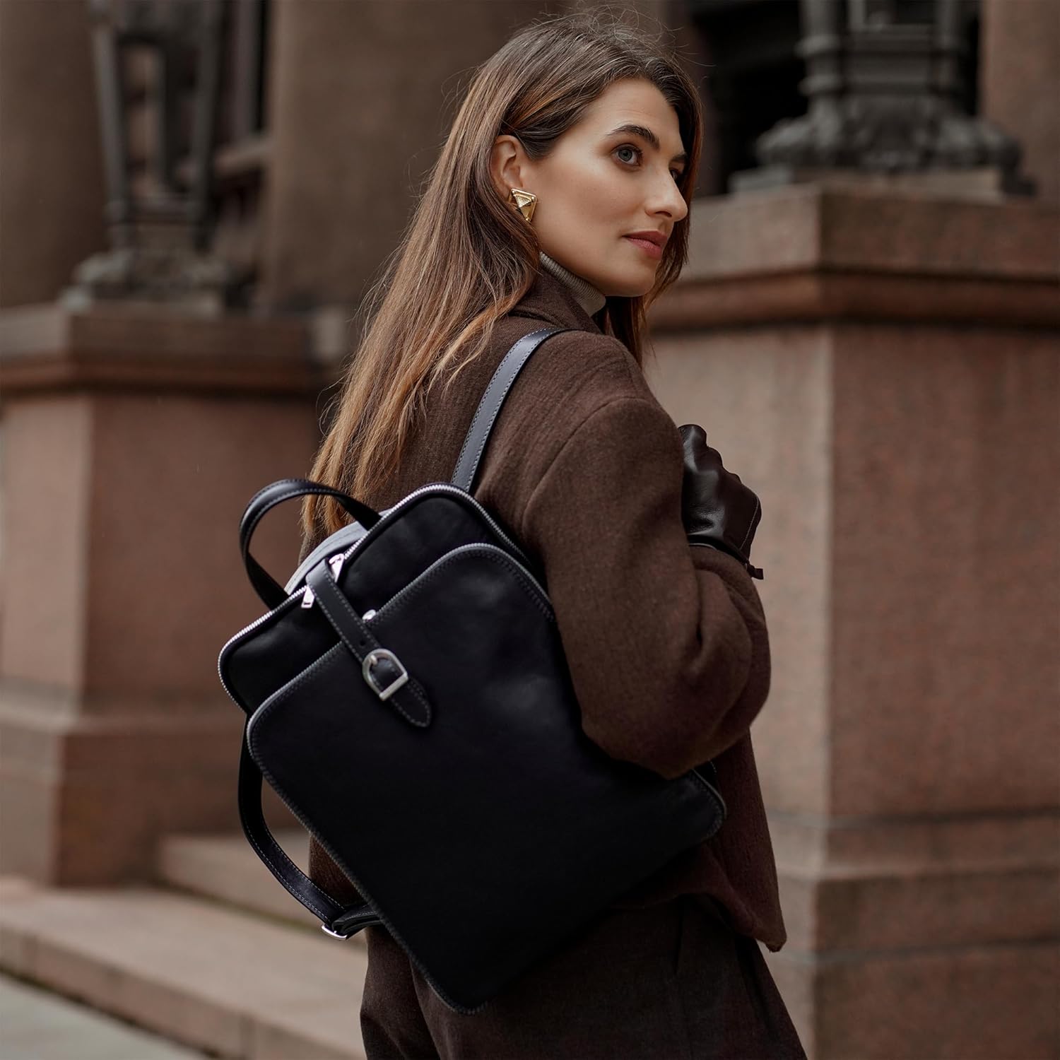 Time Resistance Leather Backpack - Convertible to Shoulder Bag - Full Grain Real Leather Travel Rucksack for Women (Black)