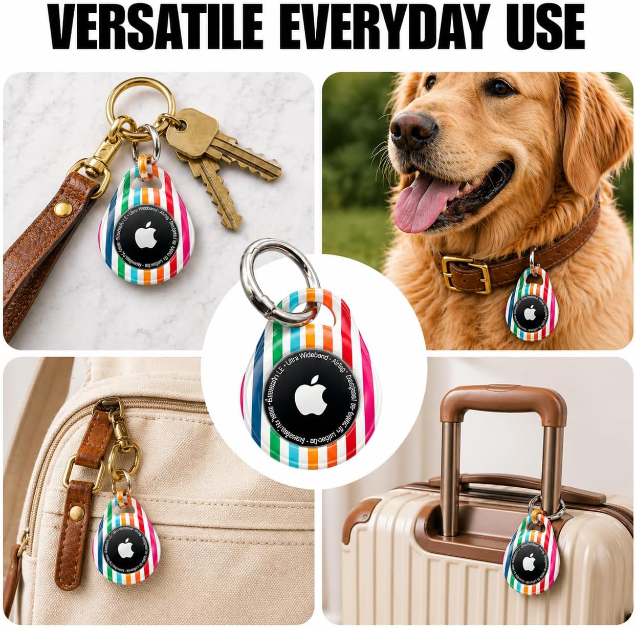 Rainbow Striped AirTag Holder – Durable Hard Shell Case with Key Ring, Unobstructed Speaker Opening, Full Access to AirTag Sound