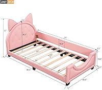 Vista 2 de Cama tamaño individual tapizada rosa con cabecero copetudo en forma de orejas, base de cama de plataforma baja con rieles para niños, niñas, niños