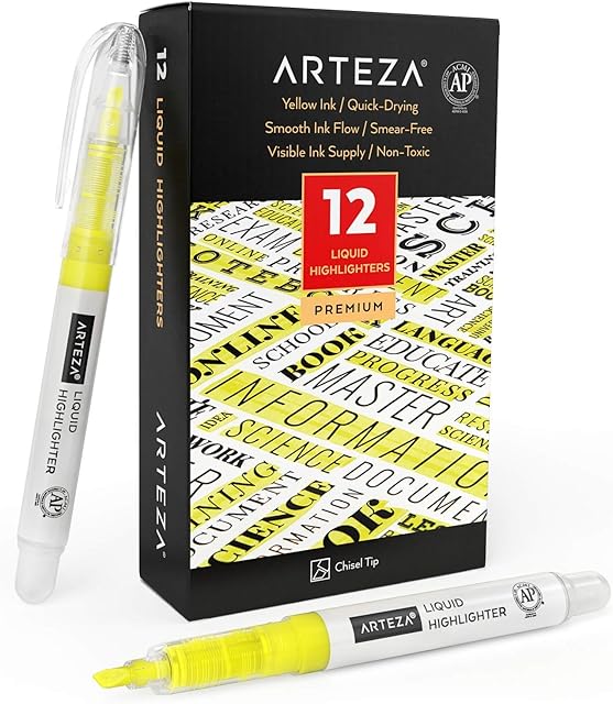 ARTEZA Liquid Highlighter Pens, Set of 12, Narrow Chisel Tip, Bulk Pack of Yellow Highlighters, For Use in Bullet Journal, Notes, or Books