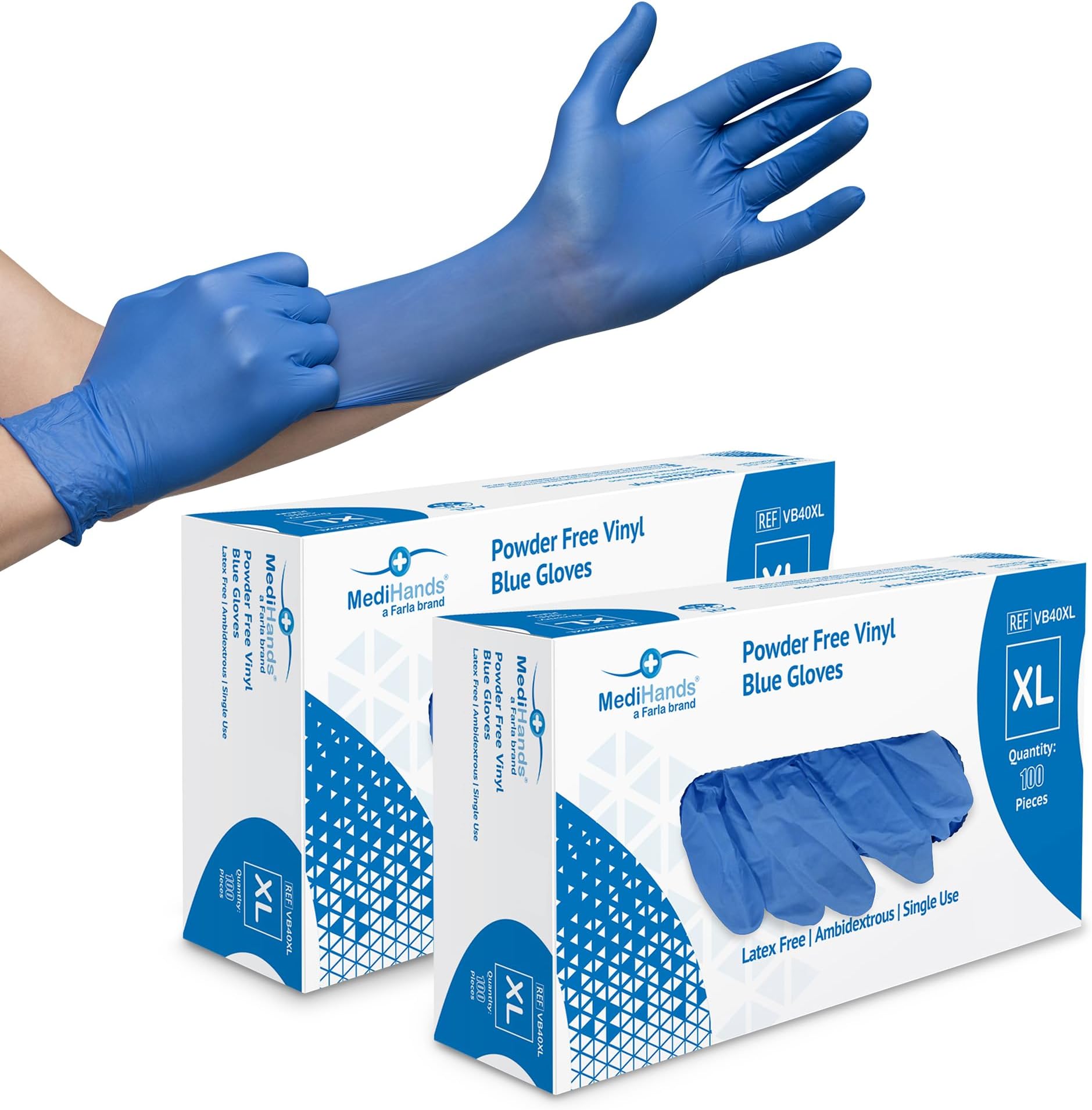 Farla MediHands Blue Extra Large Vinyl Examination Gloves - Box of 200 Disposable, Powder-Free, Latex-Free, Protein-Free Medical Gloves - Multi-Purpose, Single-Use
