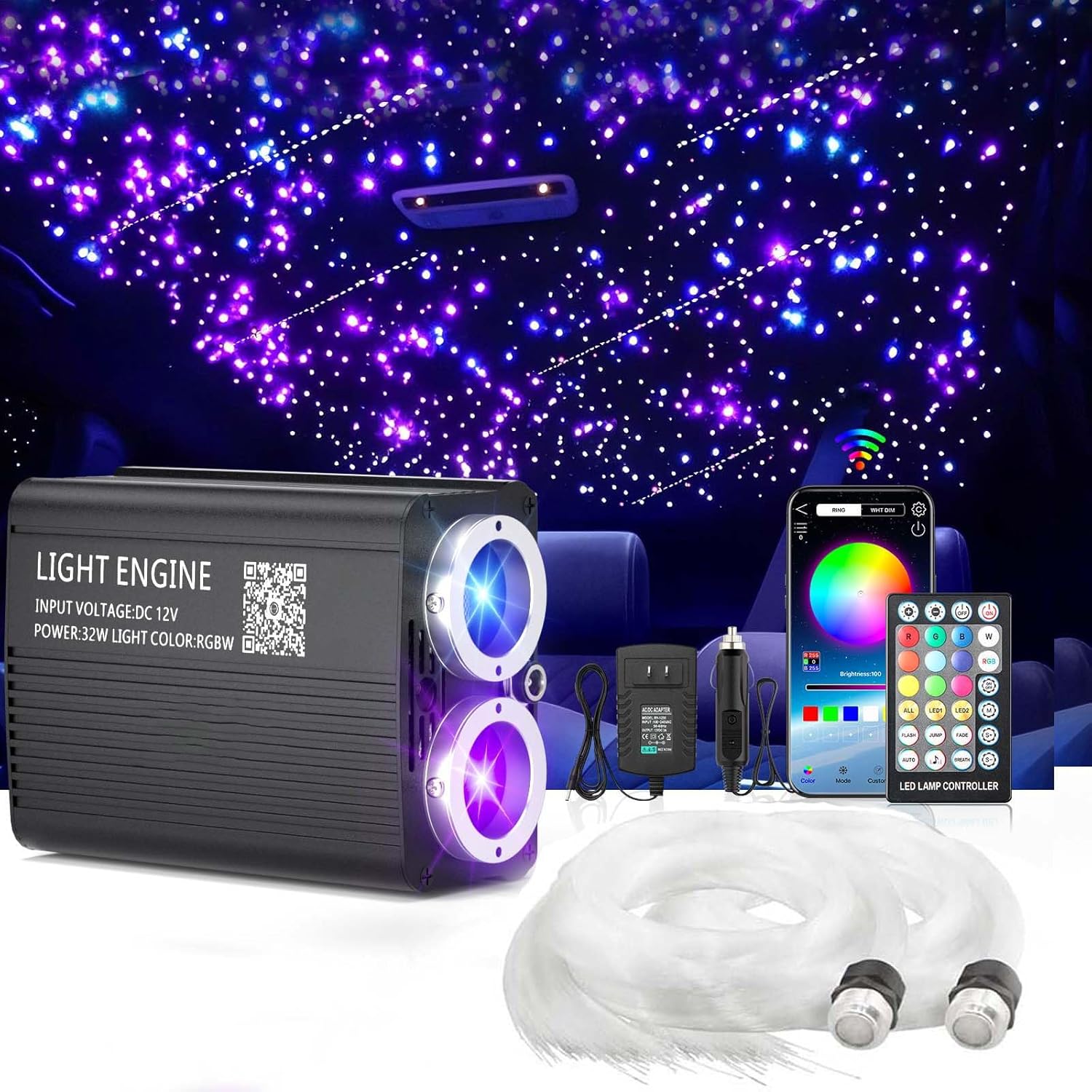32W Starlight Headliner Light,1300pcs 9.8ft Dual Port Dual Color LED Star Ceiling Fiber Optic Light Kit APP/Remote Control White Shooting Star,for Car/Home/Party