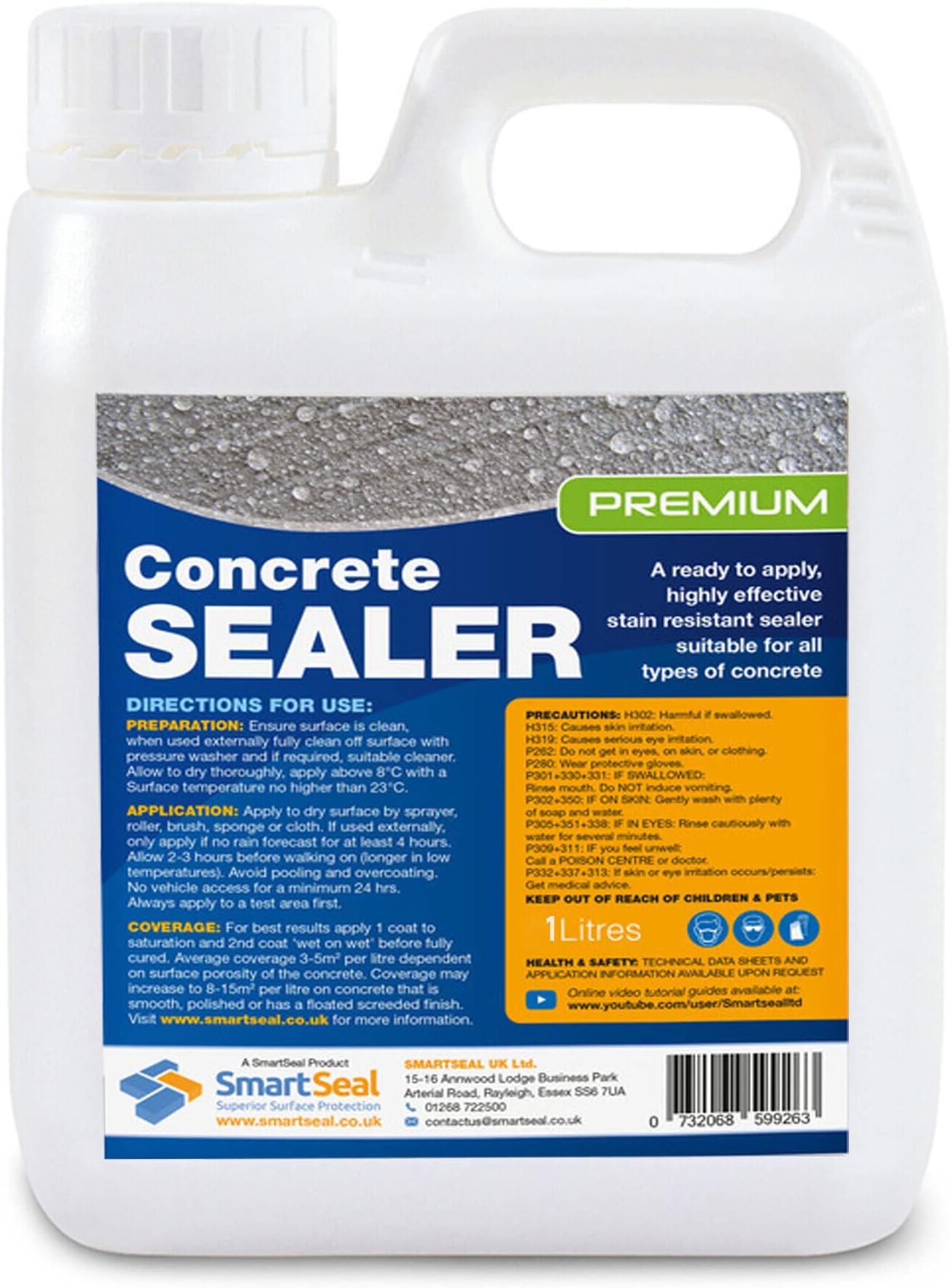 SmartSeal Premium Concrete Sealer - Easy to Apply, High Protection, Oil & Water Repellent, Food Safe, Clear Acrylic Concrete Sealer, 1 Litre
