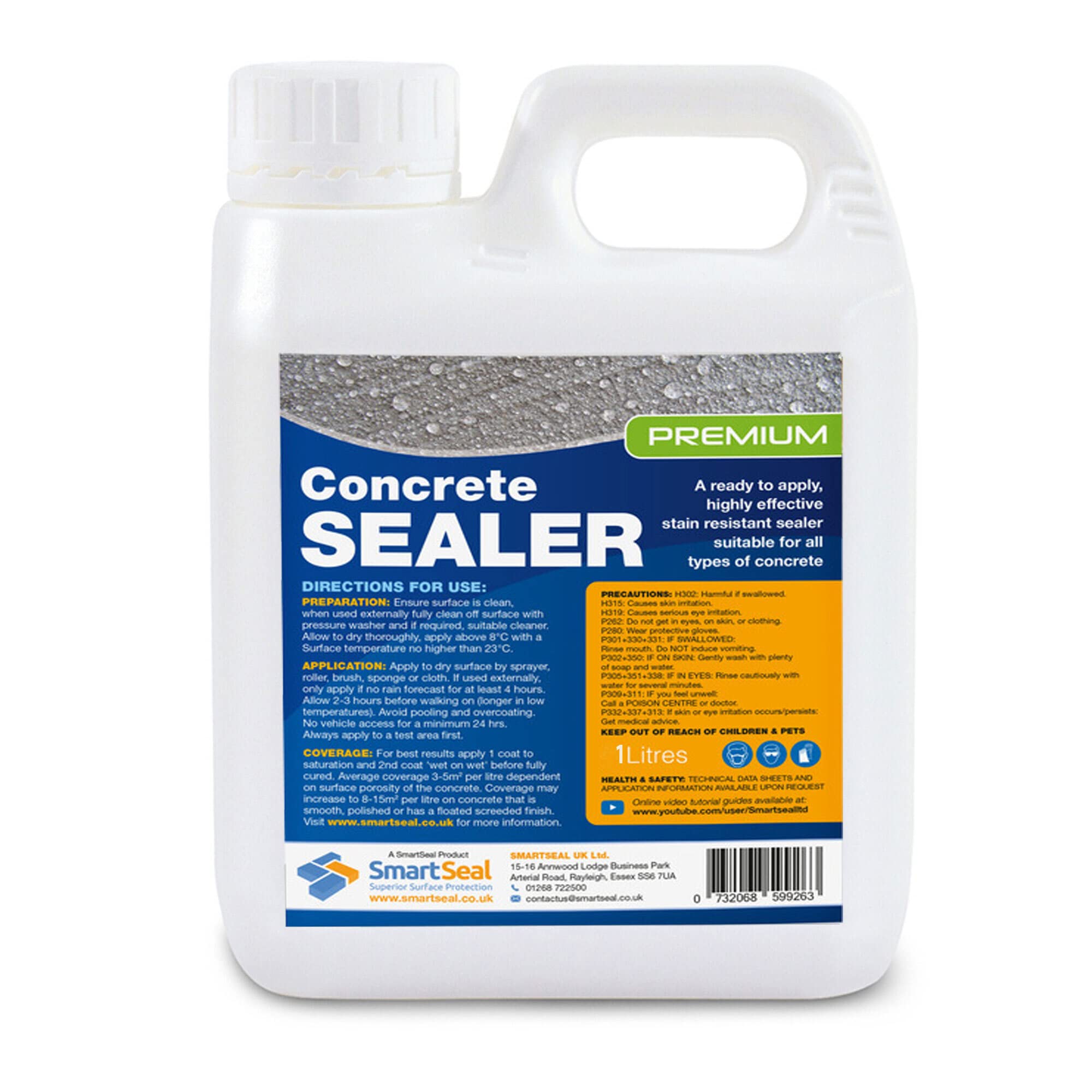 SmartSeal Premium Concrete Sealer - Easy to Apply, High Protection, Oil & Water Repellent, Food Safe, Clear Acrylic Concrete Sealer, 1 Litre