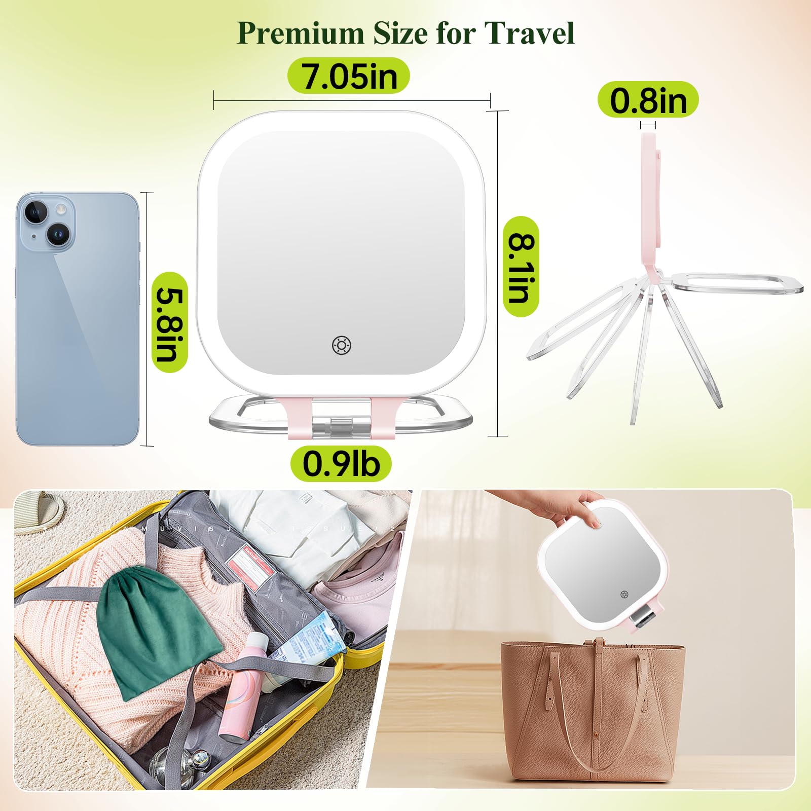 FUNTOUCH Miroir de maquillage éclairé avec grossissement x30, 17,8 cm, rechargeable double face, miroir de courtoisie de voyage avec lumières, 3 lumières de couleur et luminosité réglable, rotation à