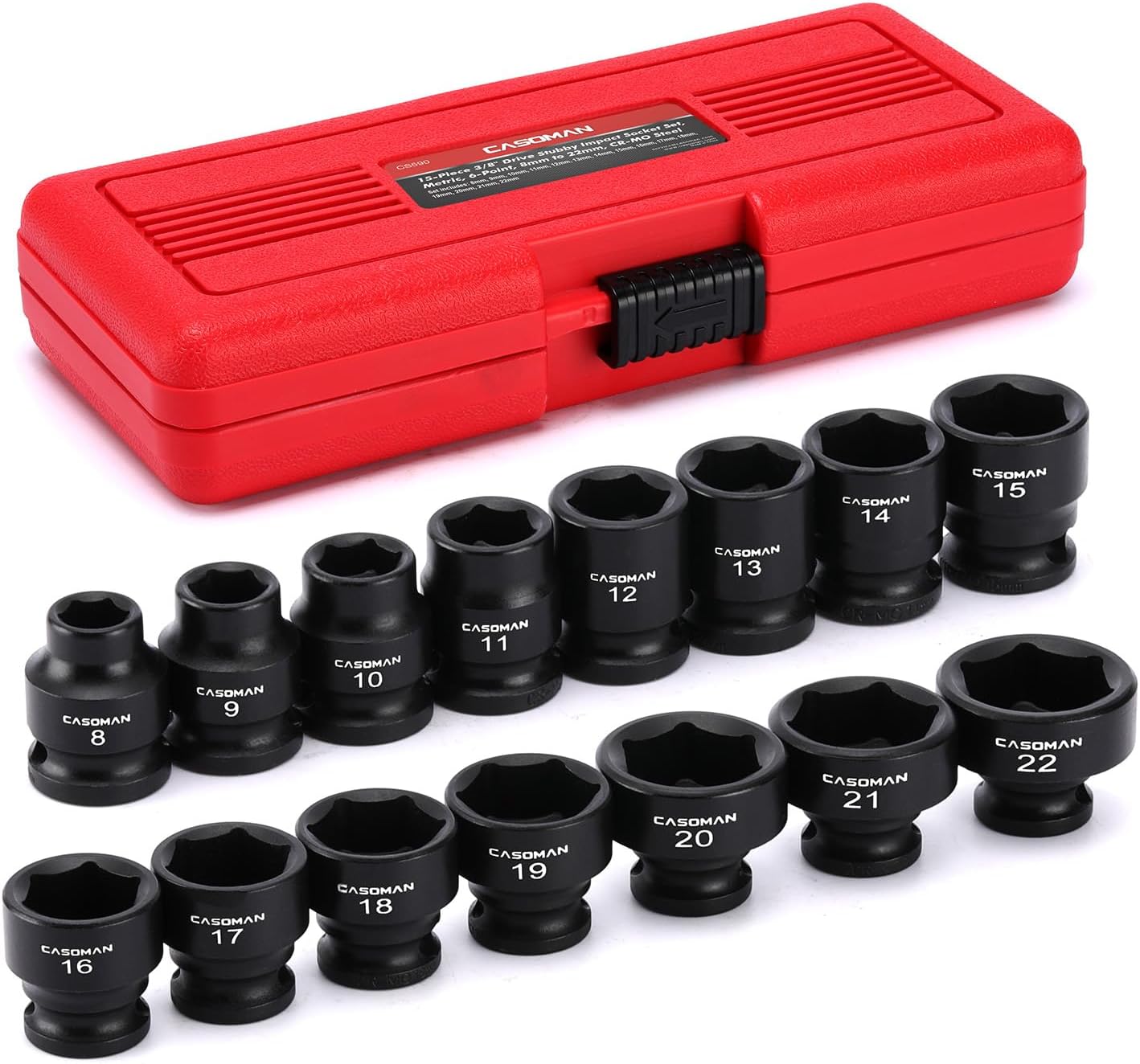 CASOMAN 15PCS 3/8" Drive Stubby Impact Socket Set, Low Profile, 8-22mm, Metric, CR-MO, 6-Point, 15 Pieces Shallow Socket Set for Automotive Maintenance, Repairs and DIY, for Tight Areas