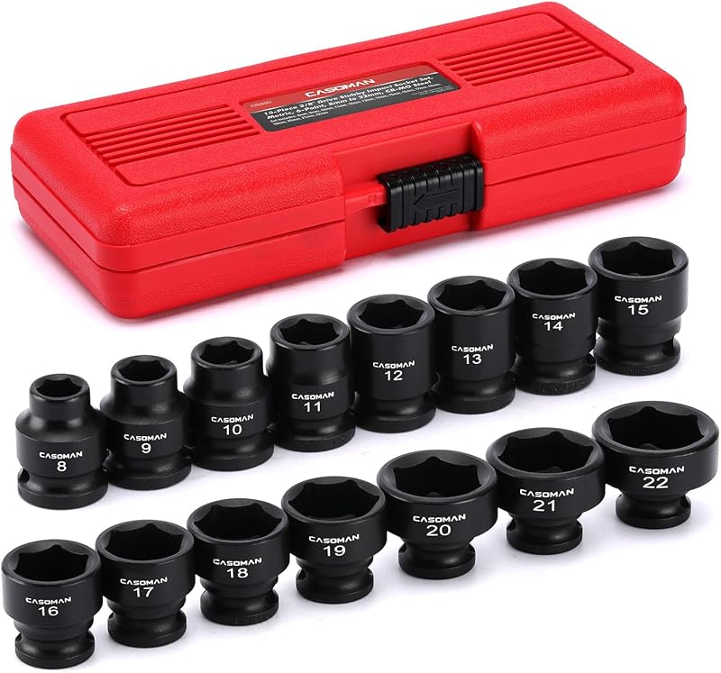 Jogo de Soquetes de Impacto Curtos CASOMAN com Encaixe de 9,5 mm (3/8 pol.), 8 a 22 mm, CR-MO, 6 Pontos, 15 Peças