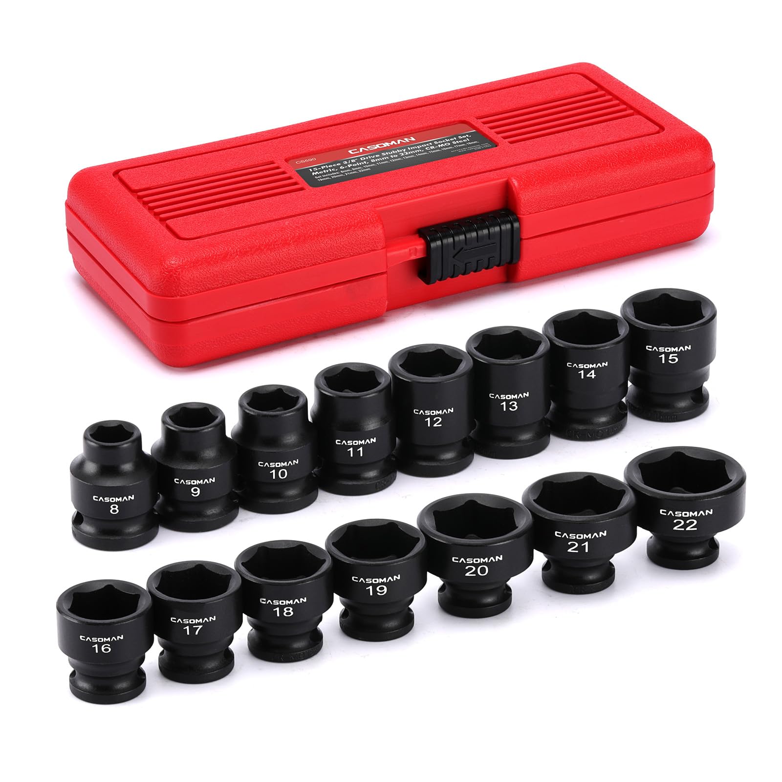 CASOMAN 15PCS 3/8" Drive Stubby Impact Socket Set, Low Profile, 8-22mm, Metric, CR-MO, 6-Point, 15 Pieces Shallow Socket Set for Automotive Maintenance, Repairs and DIY, for Tight Areas