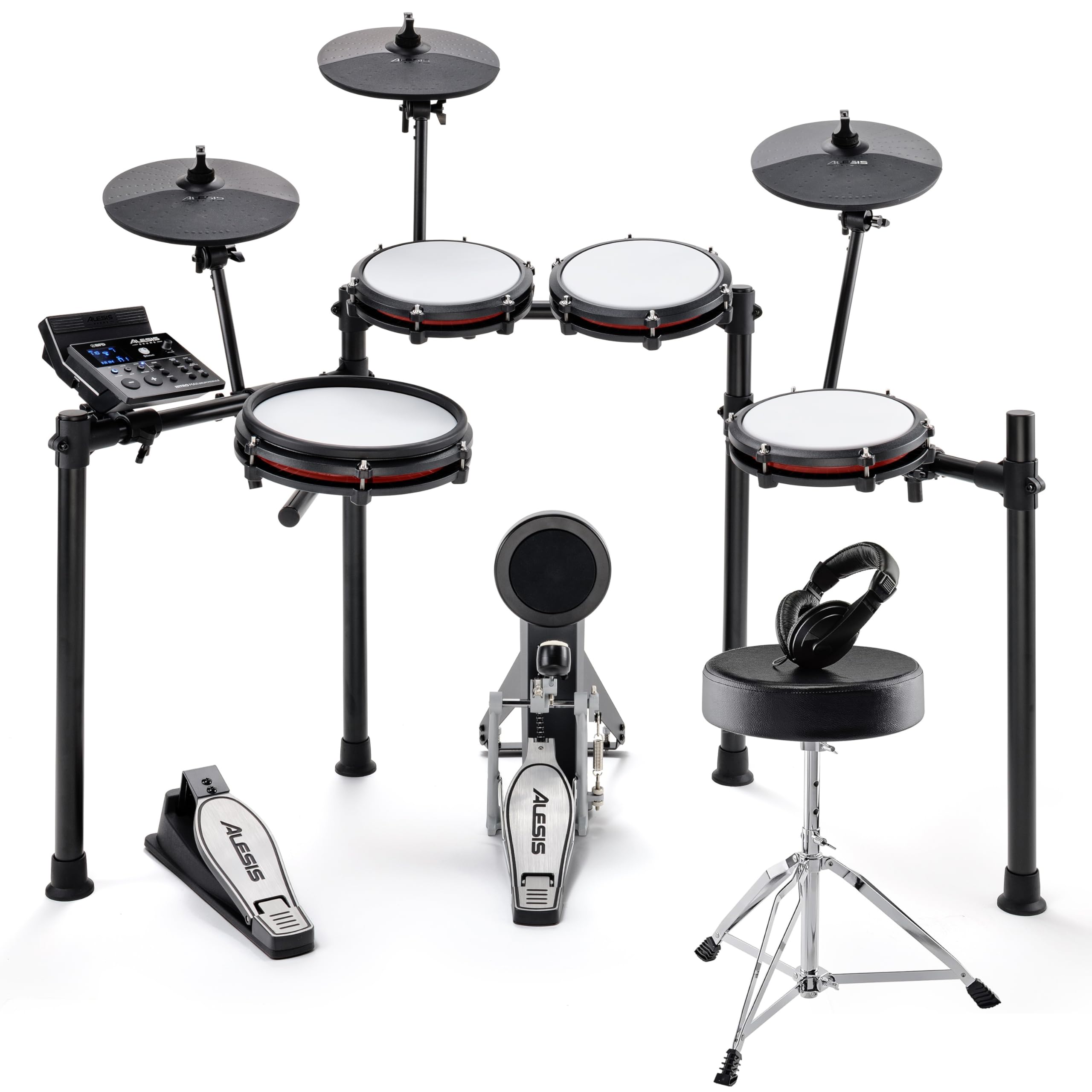 Alesis Nitro Max Batteria Elettronica con Pelli Mesh Silenziose, Rullante a Doppia Zona da 10", Bluetooth, 440+ Suoni Autentici, Drumeo, USB Midi, Pedale Grancassa, Sgabello e Cuffie