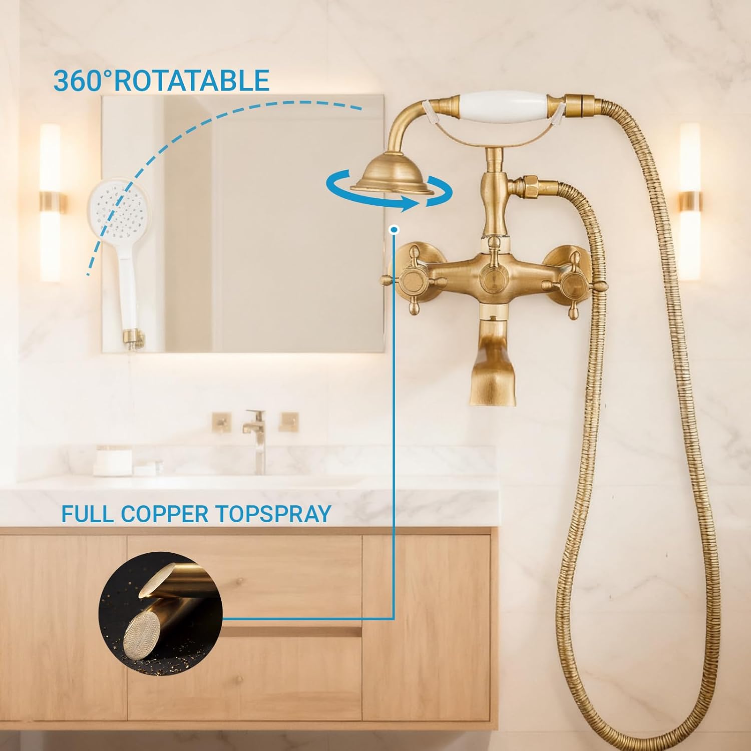 Clawfoot Tub Faucet with Hand Held Bathtub Faucet, Tub Shower Kit Victorian Double Cross Handle, 6 Inch Center Adjustable Swing Arms Tub Mount Short Adapter Antique Brass (Brushed Nickel)