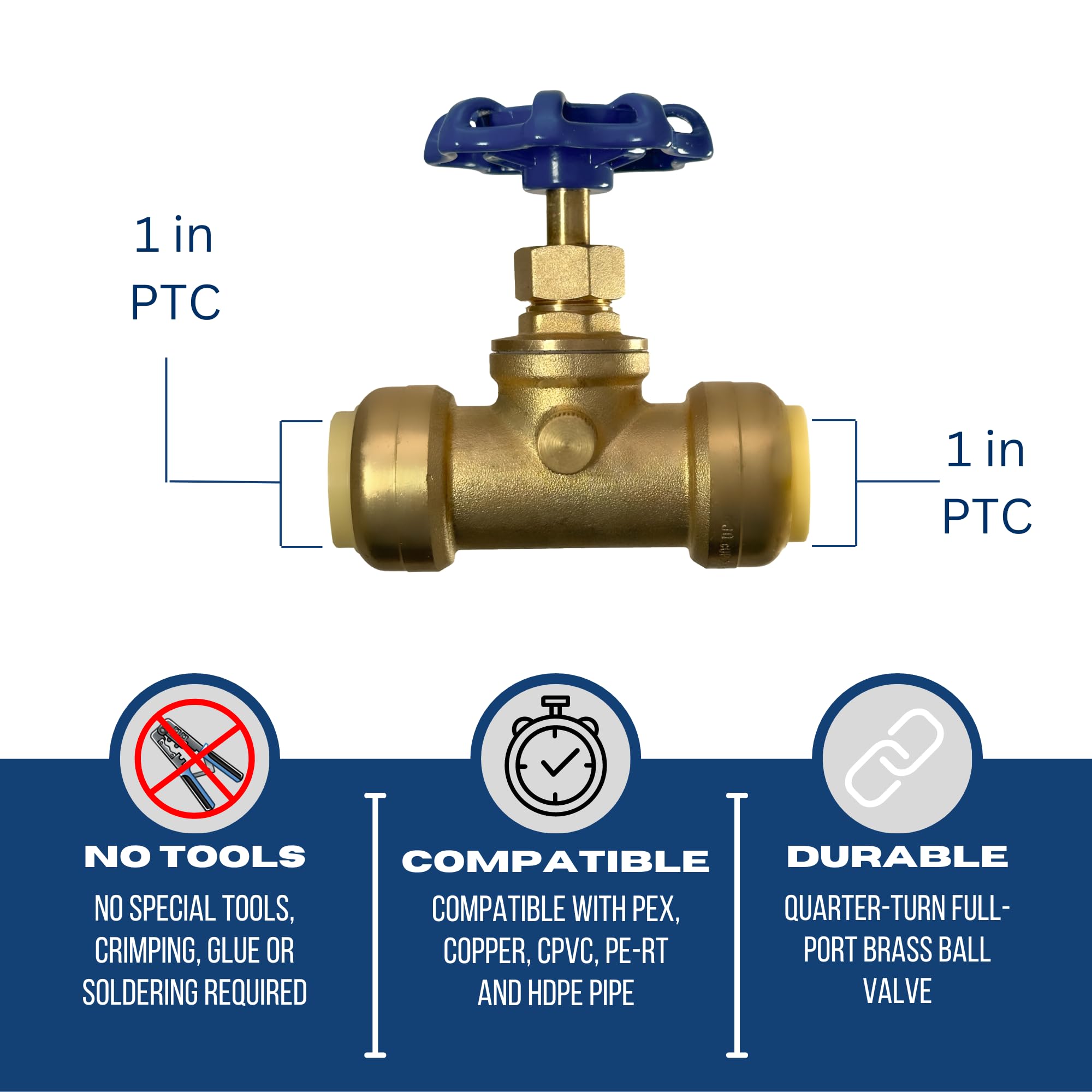 XFITTING - 2 válvulas de parada de ajuste a presión de 1 pulgada con drenaje y ventilación, ajuste de fontanería de latón a presión para conectar, tubo PEX, cobre, CPVC, PE-RT, HDPE, 2-5-3 = 2