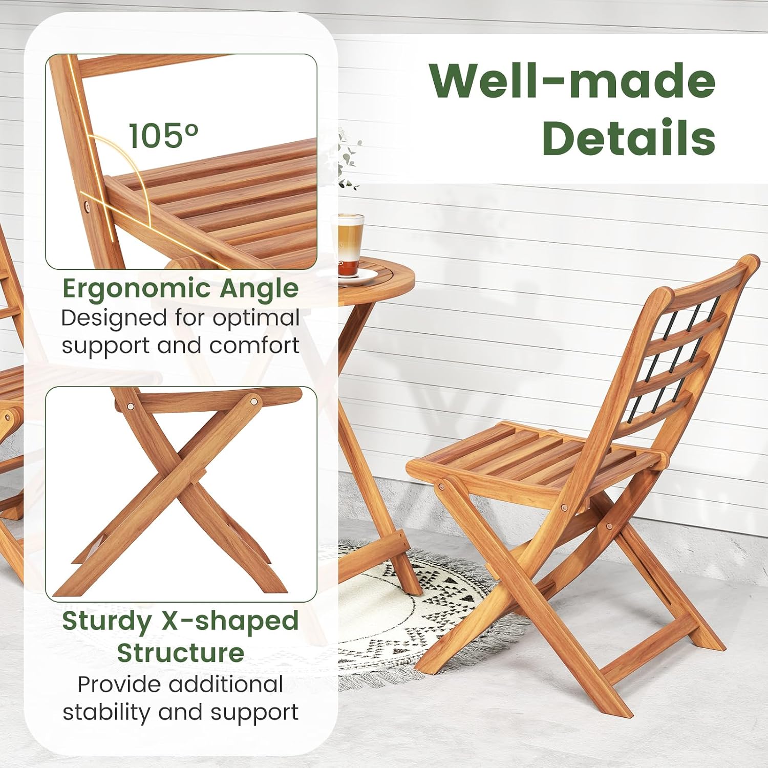 HAPPYGRILL 3 Pieces Acacia Wood Patio Bistro Set, Folding Outdoor Table and Chairs Set with Cushions, Outdoor Patio Furniture Set for Porch, Balcony, Deck, Garden, Backyard (Gray)